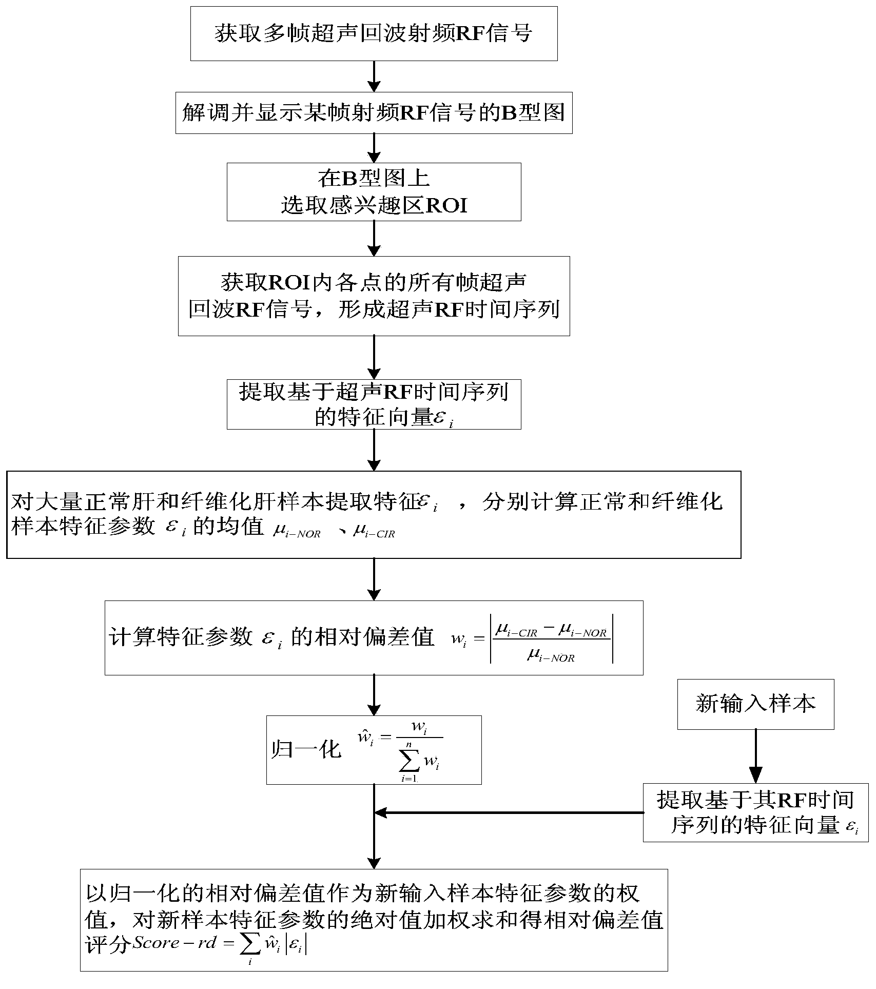 Hepatic fibrosis degree relative deviation identification method based on ultrasonic radio frequency (RF) time sequence