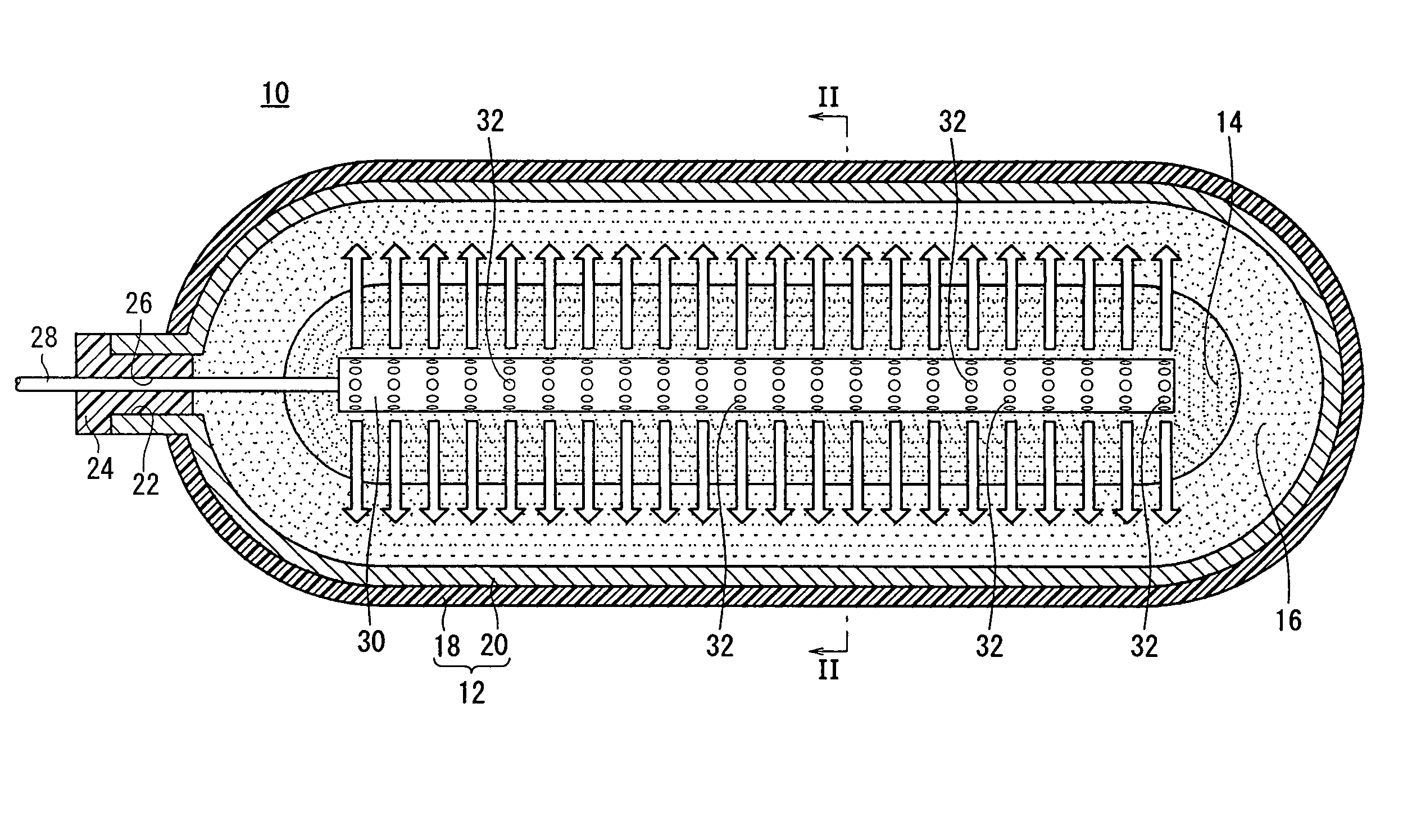 Gas storage container with gas absorbing or adsorbing material