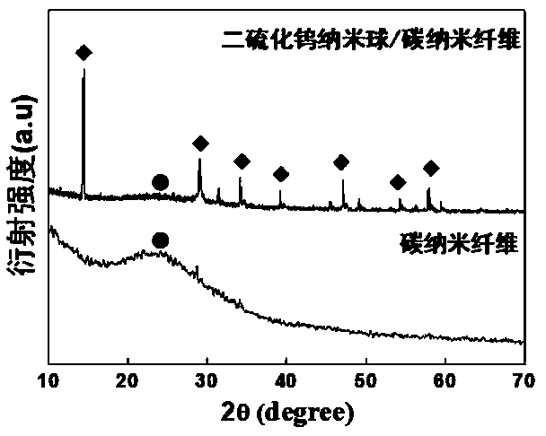 Preparation and application of tungsten disulphide nanosphere/carbon nano fibre composite material