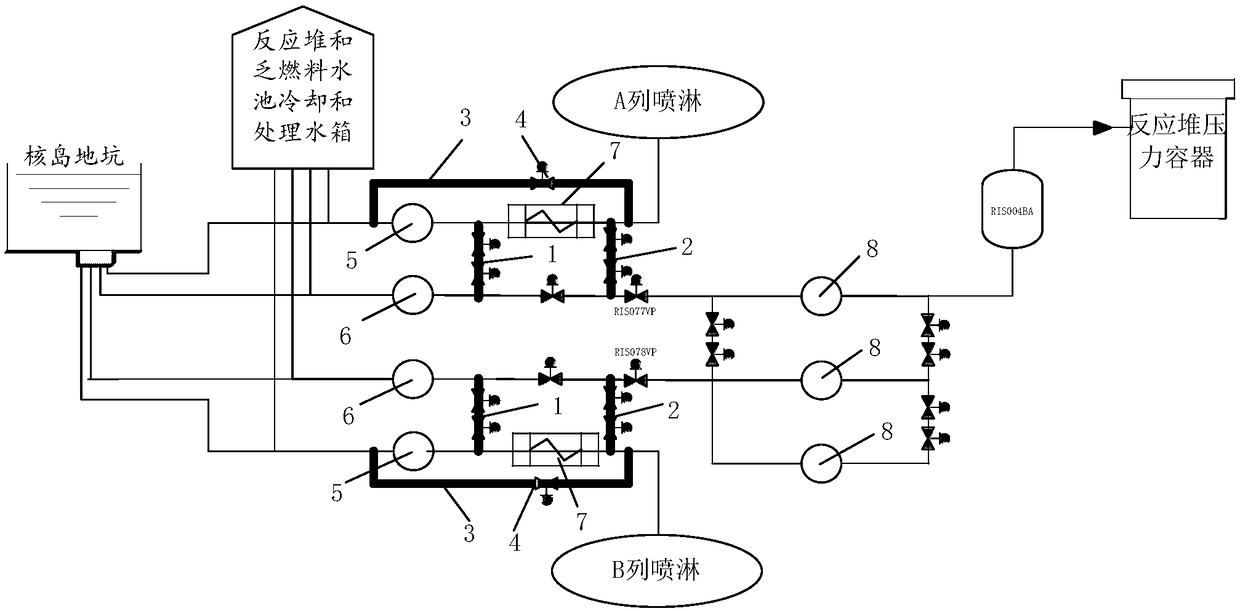 Safety injection and containment spray mutual standby pipeline system of nuclear power station and verification method on basis of safety injection and containment spray mutual standby pipeline system