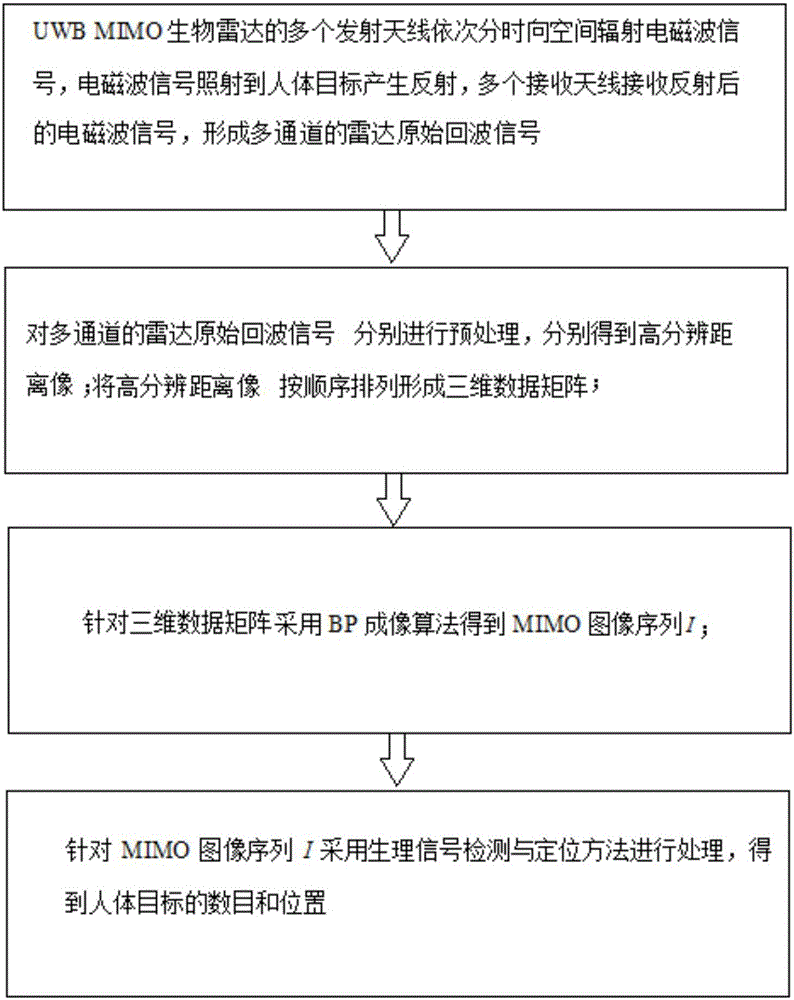 Static human target recognizing and positioning method based on UWB (Ultra Wideband) MIMO (Multiple-Input Multiple-Output) bio-radar