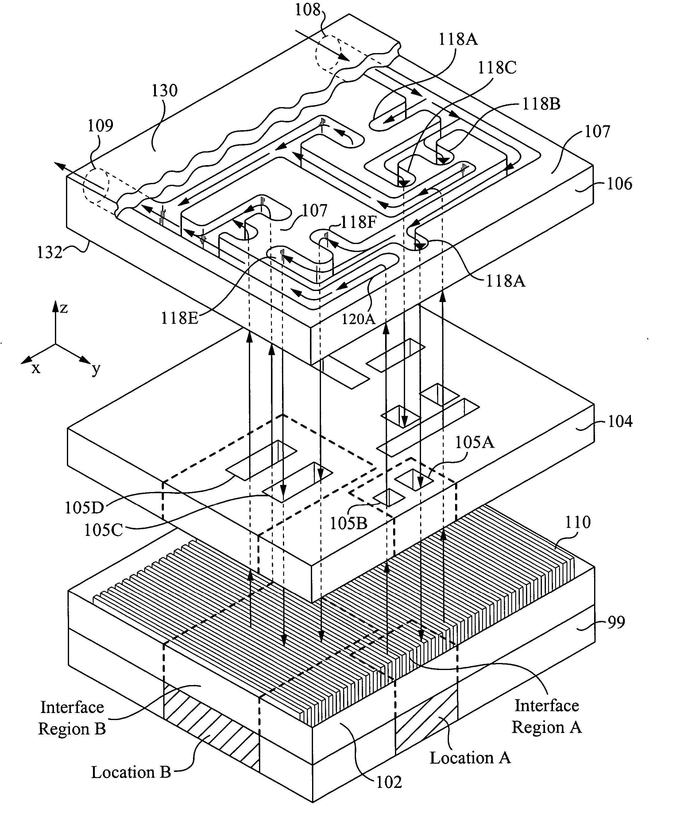 Method and apparatus for flexible fluid delivery for cooling desired hot spots in a heat producing device