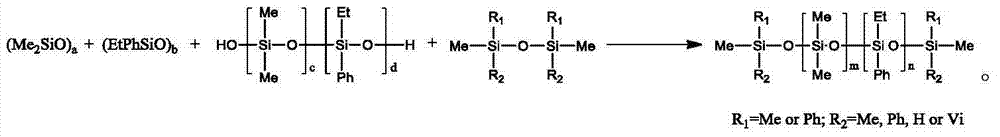 Siloxane copolymer containing ethyl phenyl silica chain links and preparation method thereof