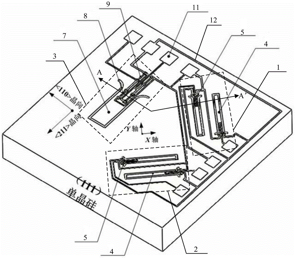 (111) single silicon wafer-integrated three-axis micromechanical acceleration sensor and manufacturing method