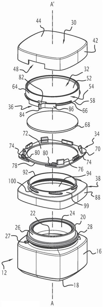 Closure assembly for container containing product, related packaging device and method