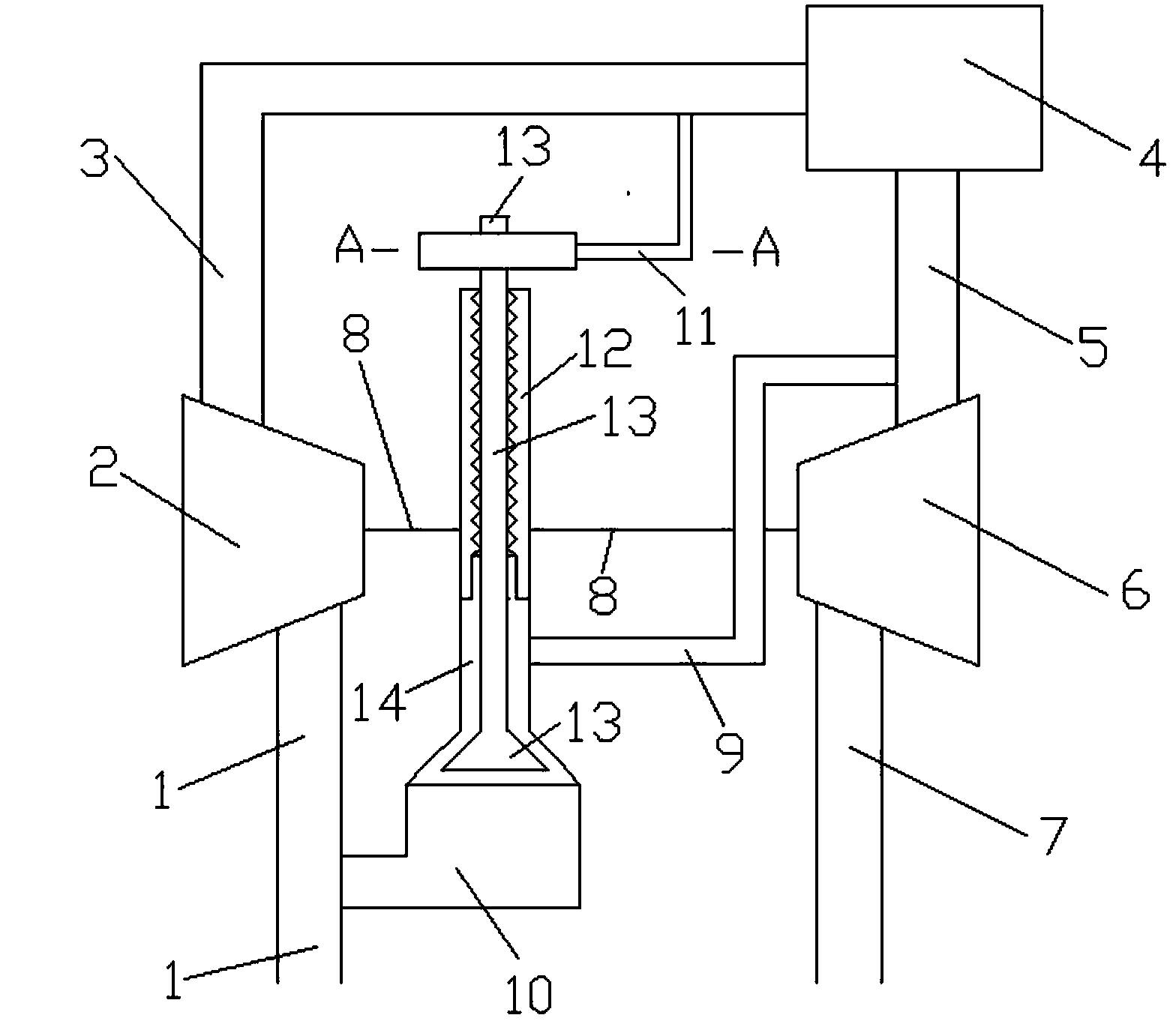 Discharge gas recycling device with penetrating pipes