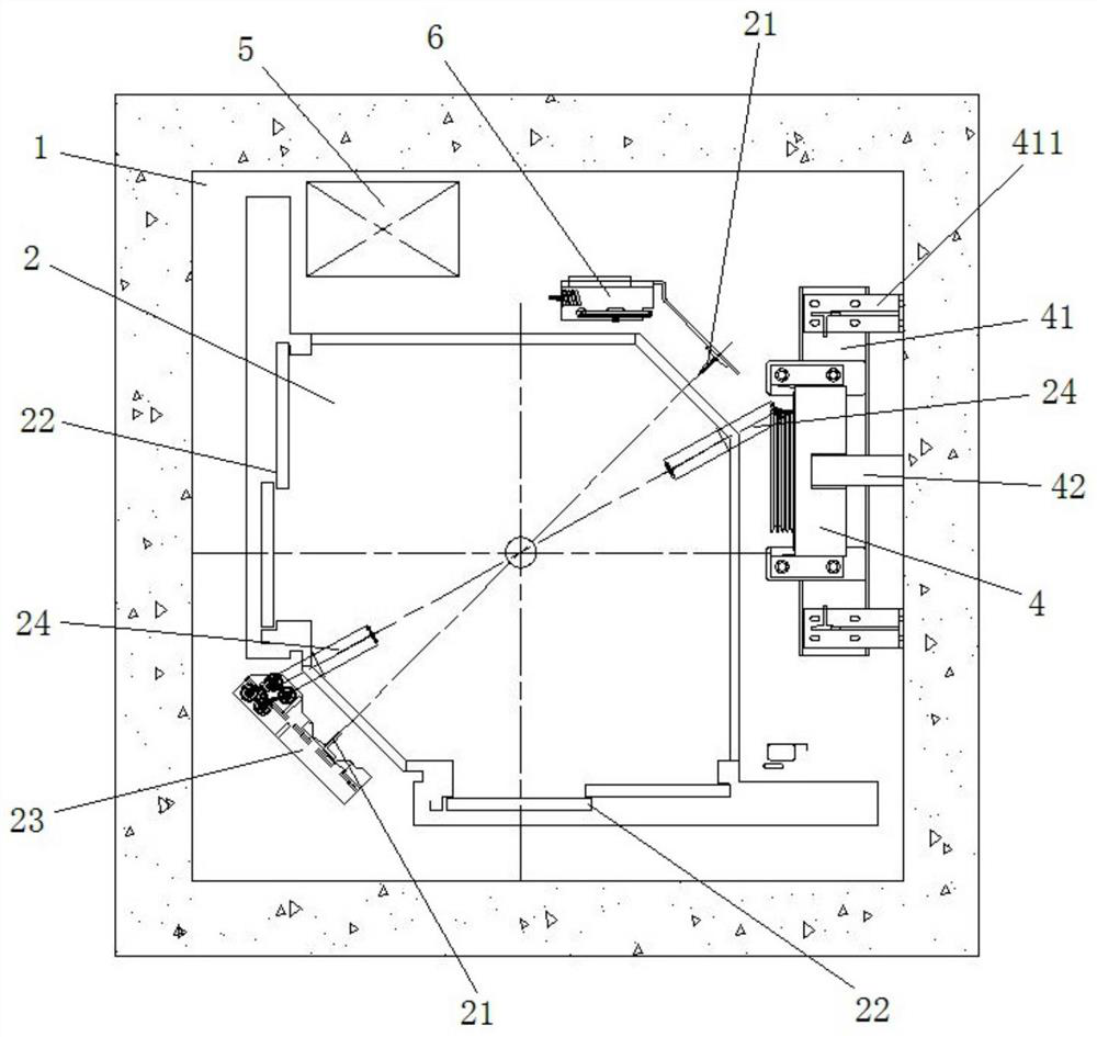 A machine room-less right-angle door-opening elevator traction and suspension system