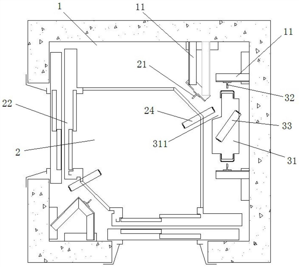 A machine room-less right-angle door-opening elevator traction and suspension system