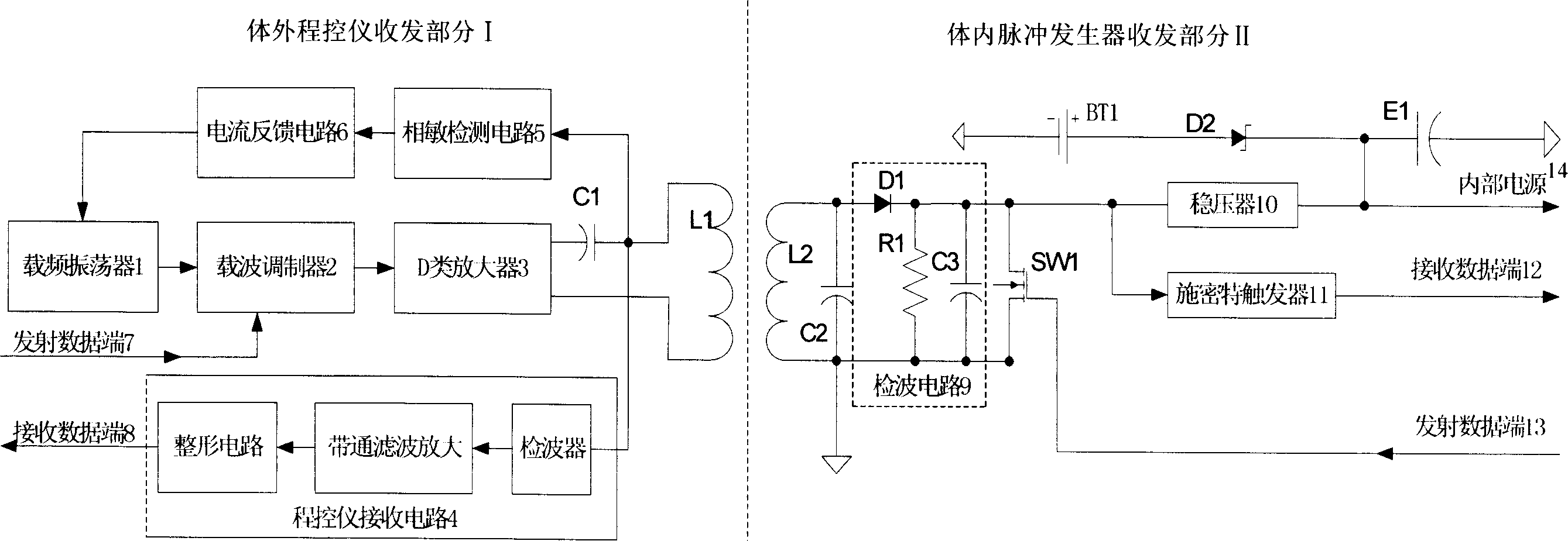 A remote detection device for implanted heart pacemaker and bidirectional data transmission method