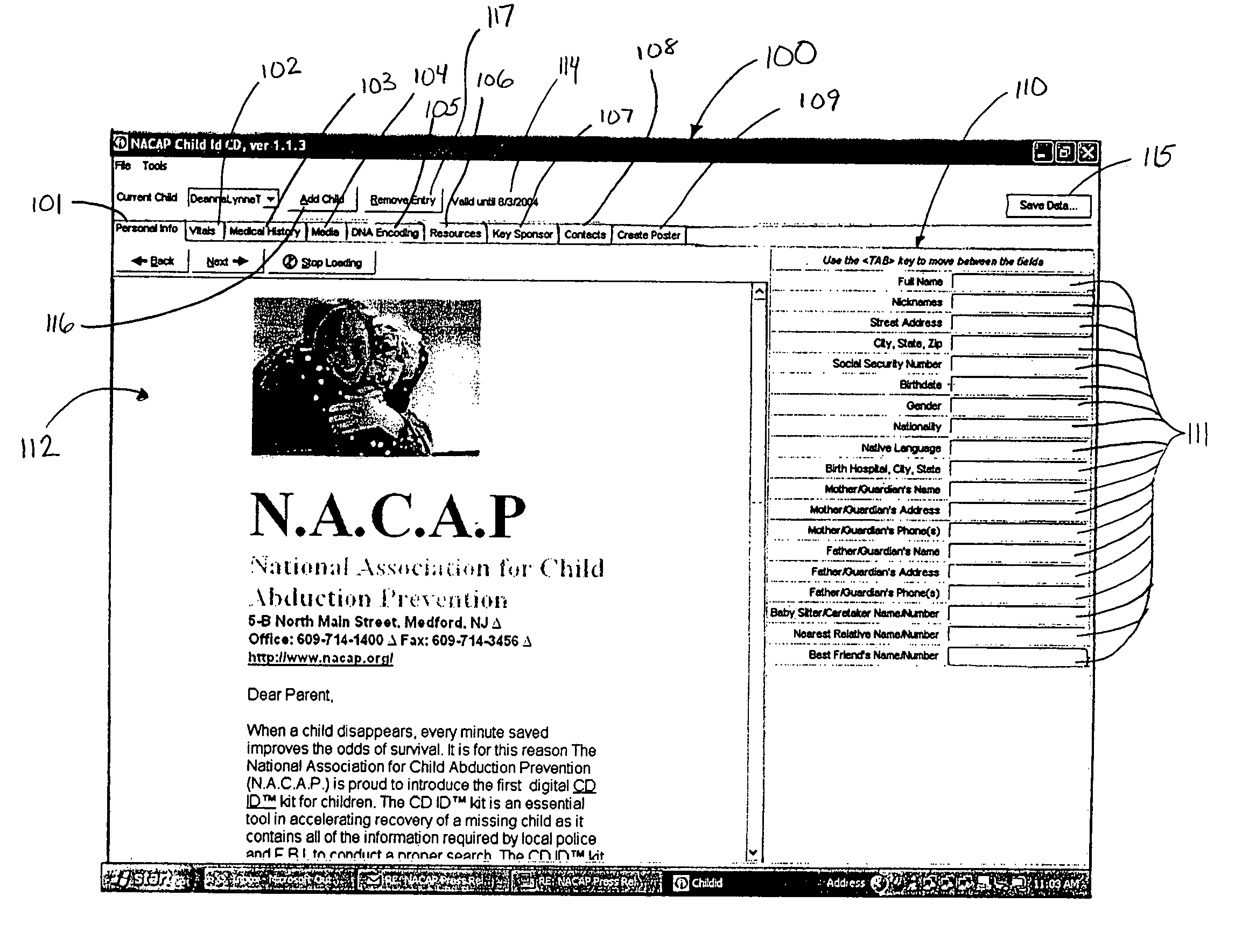 System, method of portable USB key interfaced to computer system for facilitating the recovery and/or identification of a missing person having person's unique identification, biological information