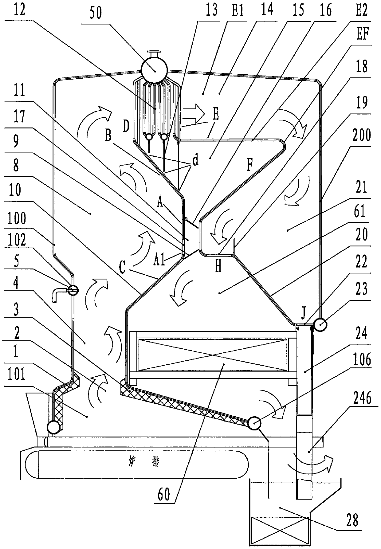 High-temperature denitration, fly ash re-ignition and in-furnace dust removal boiler