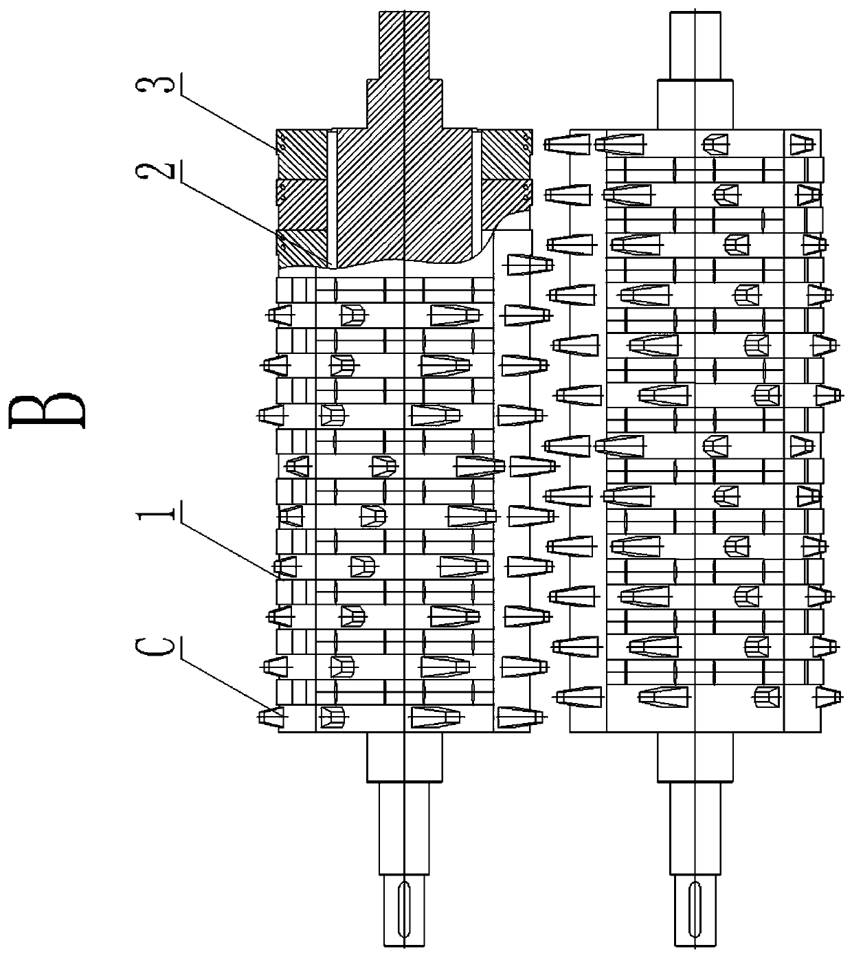 Operation method of rubber block crushing system of waste truck tire outer tire crushing robot