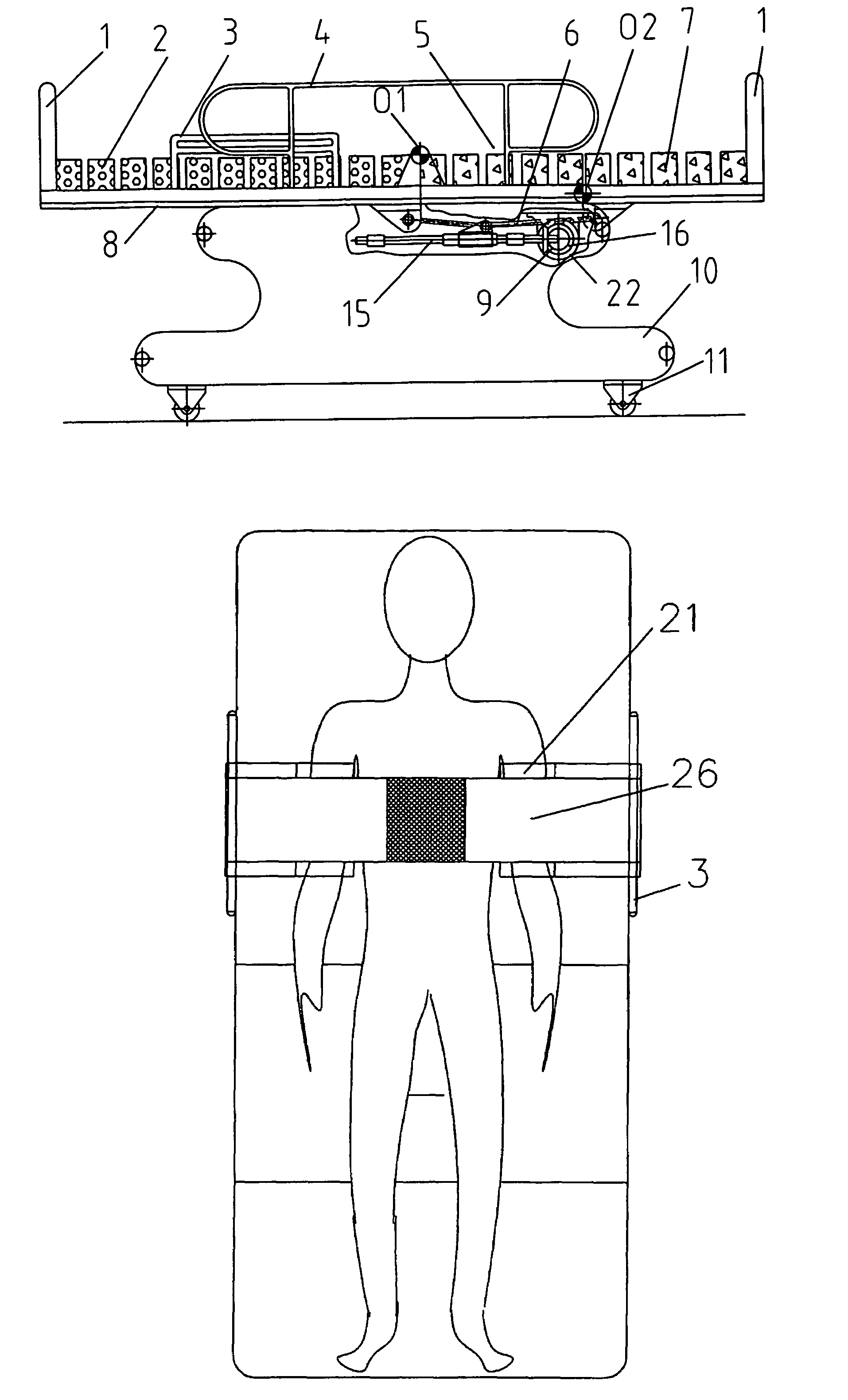 Universal hospital bed designed for nursing the immobile patients with additional bathing equipment