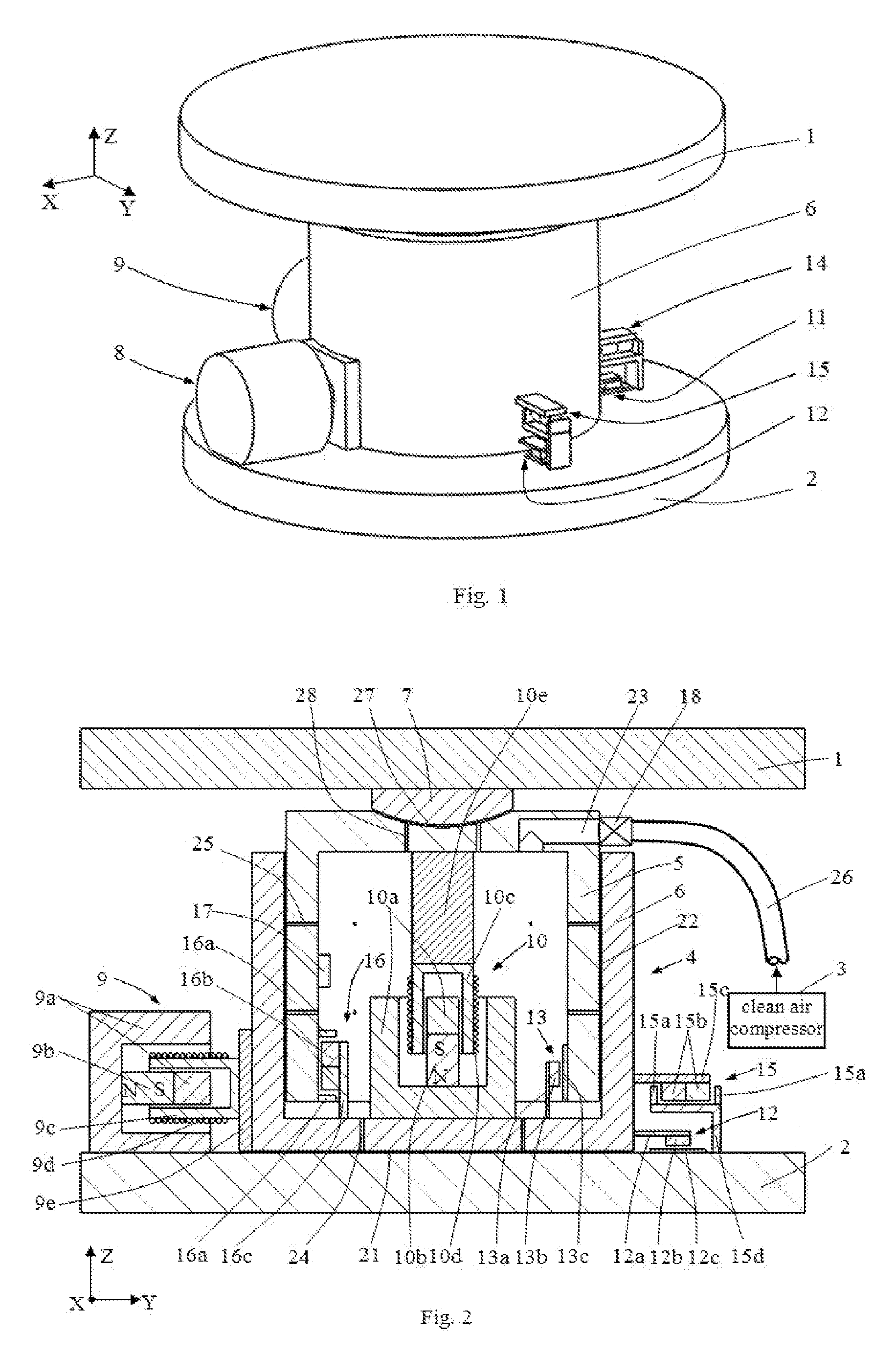 Vibration isolator with zero stiffness whose angle degree of freedom is decoupled with spherical air bearing