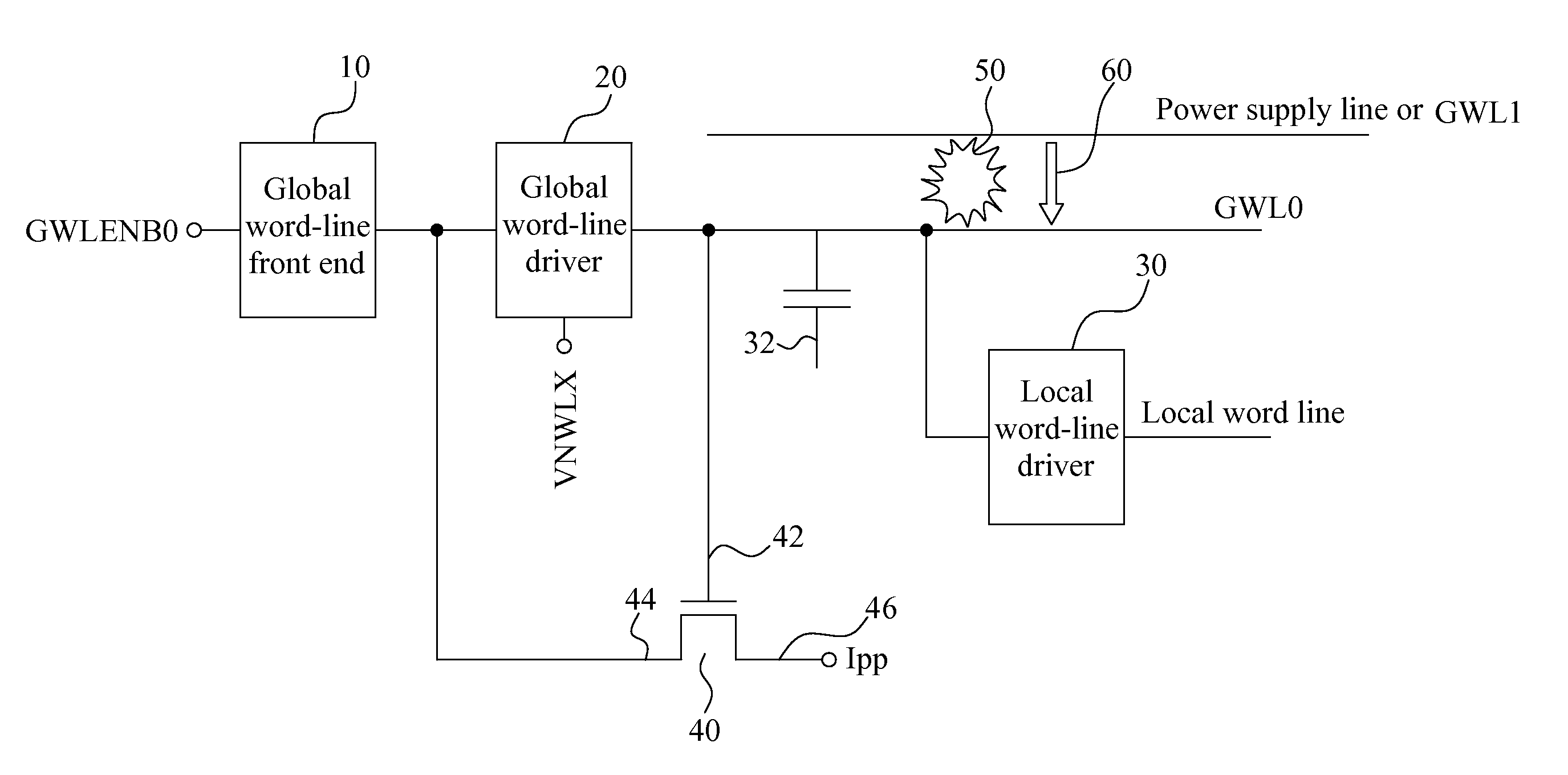 Device for detecting defective global word line