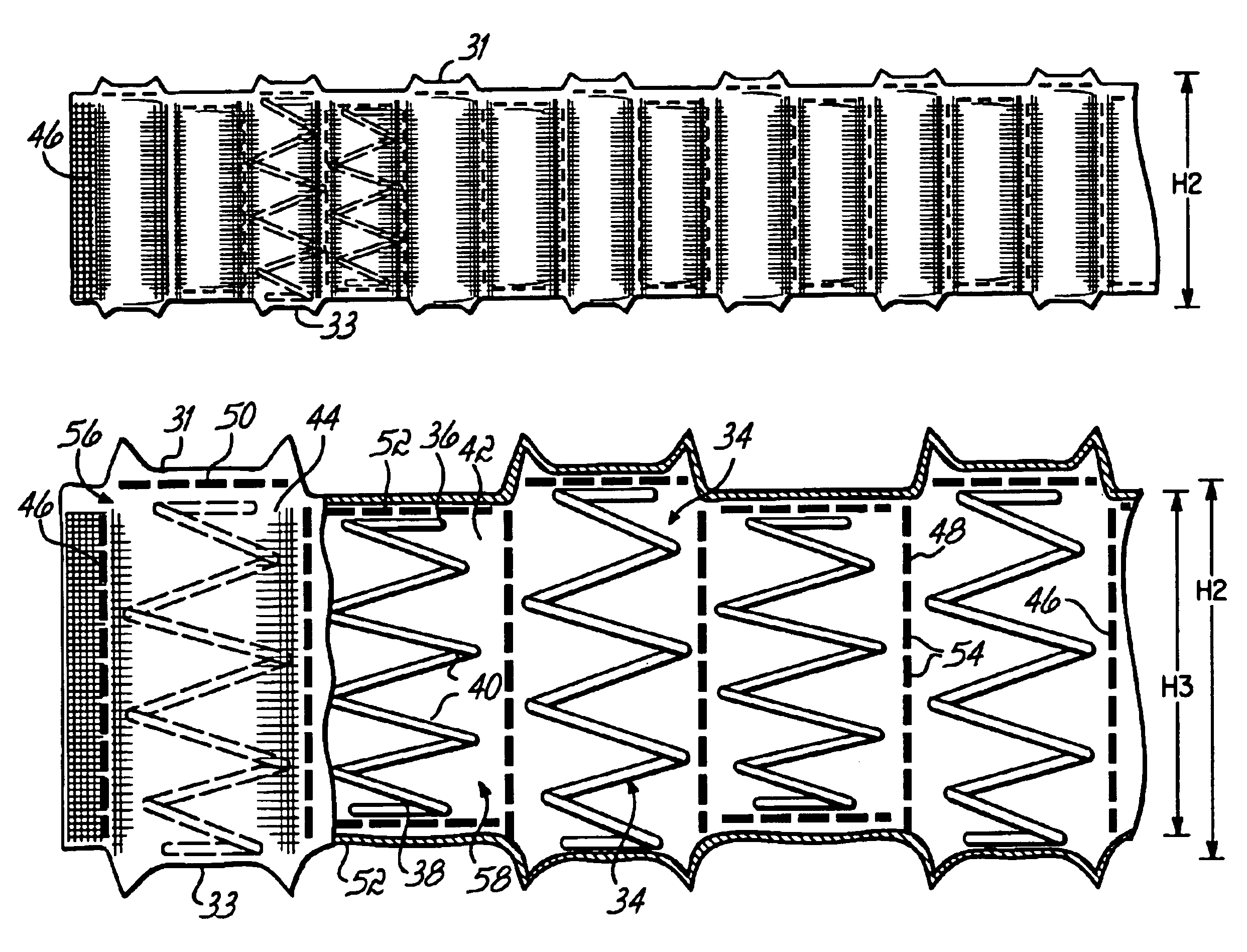 Pocketed bedding or seating product having pockets of differing heights