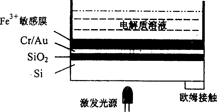 Film optical addressing electric potential sensor used for detecting Fe3+ and preparation method thereof