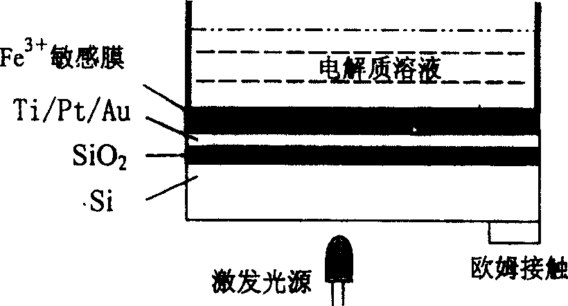 Film optical addressing electric potential sensor used for detecting Fe3+ and preparation method thereof