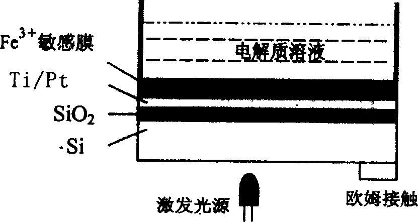 Film optical addressing electric potential sensor used for detecting Fe3+ and preparation method thereof