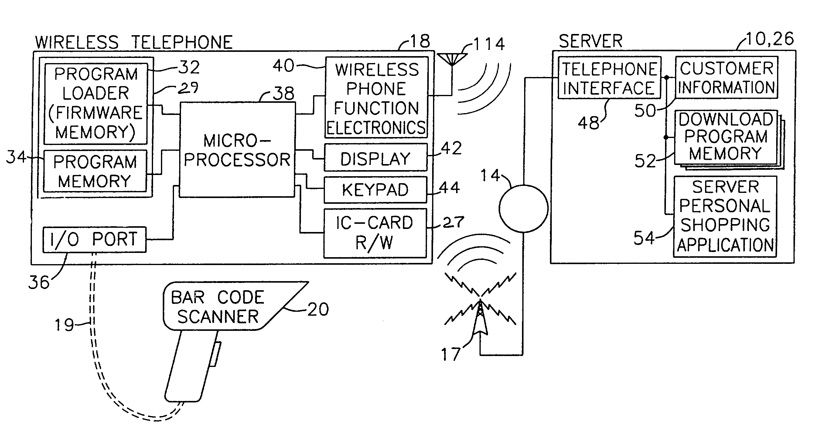 Electronic shopping system utilizing a program downloadable wireless telephone