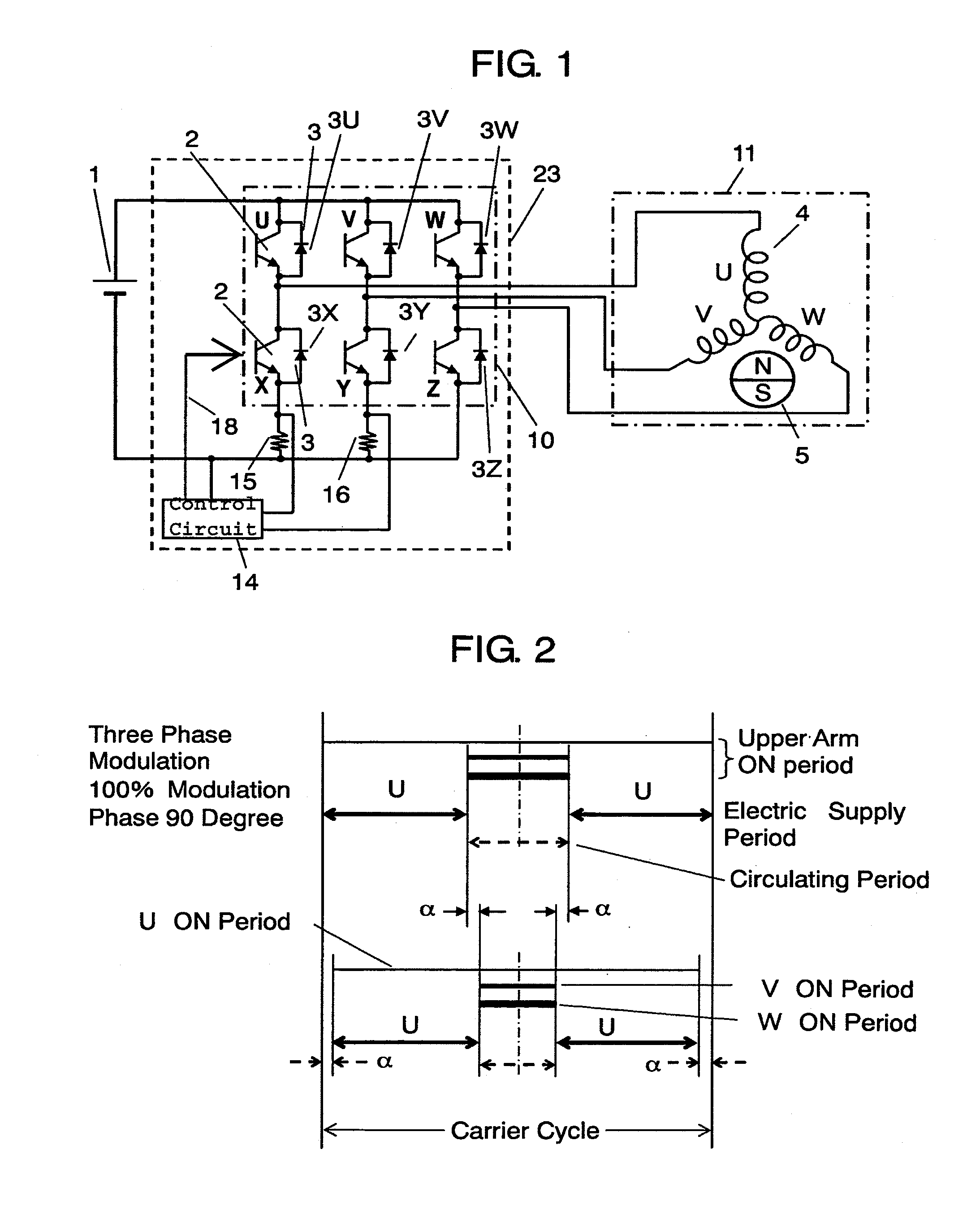 Three phase inverter control circuit detecting two phase currents and deducting or adding identical ON periods