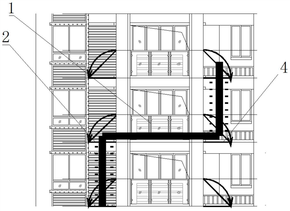 A fire-linked balcony railing escape channel