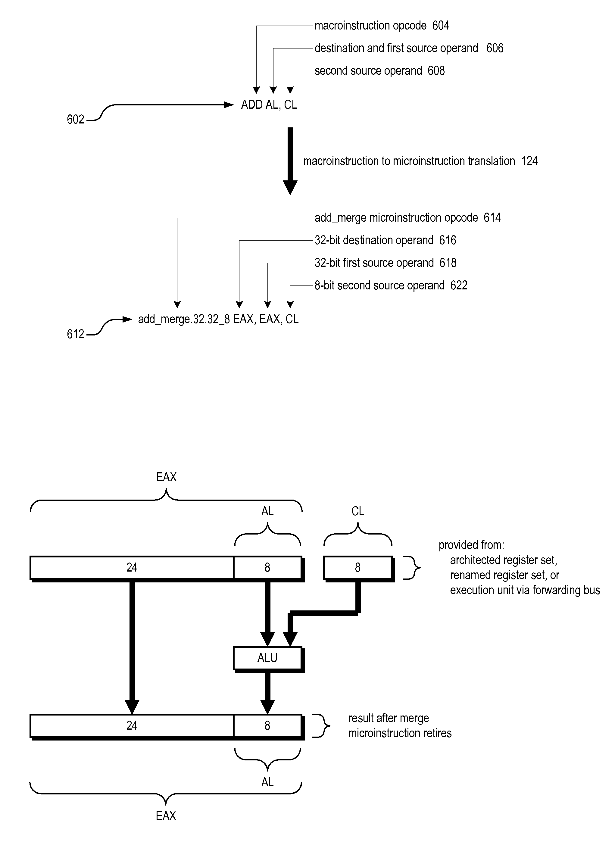 Merge microinstruction for minimizing source dependencies in out-of-order execution microprocessor with variable data size macroarchitecture