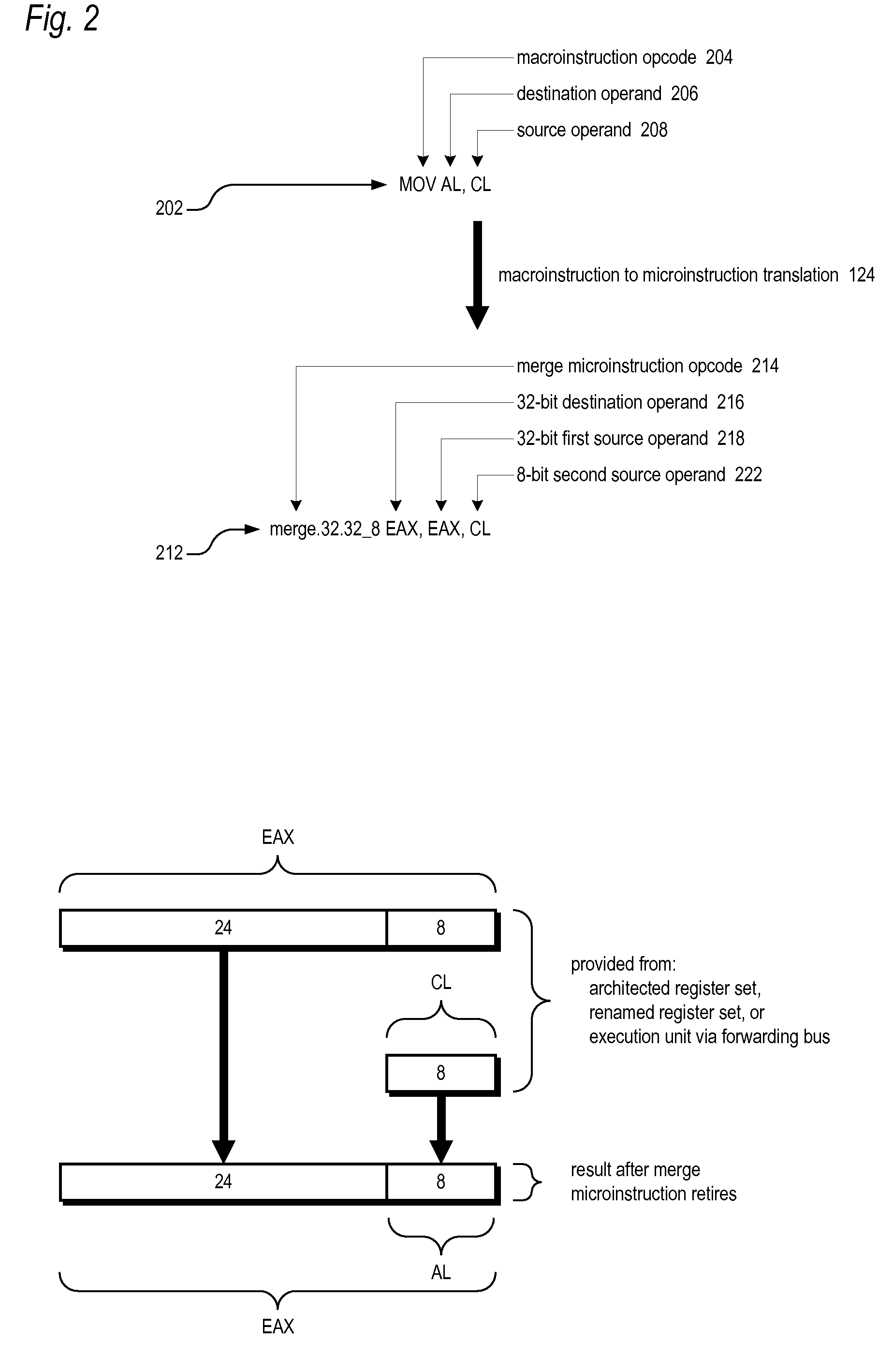 Merge microinstruction for minimizing source dependencies in out-of-order execution microprocessor with variable data size macroarchitecture