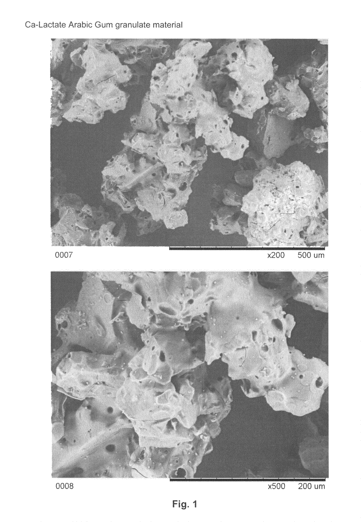 Wet granulation process and granulate material comprising Arabic gum