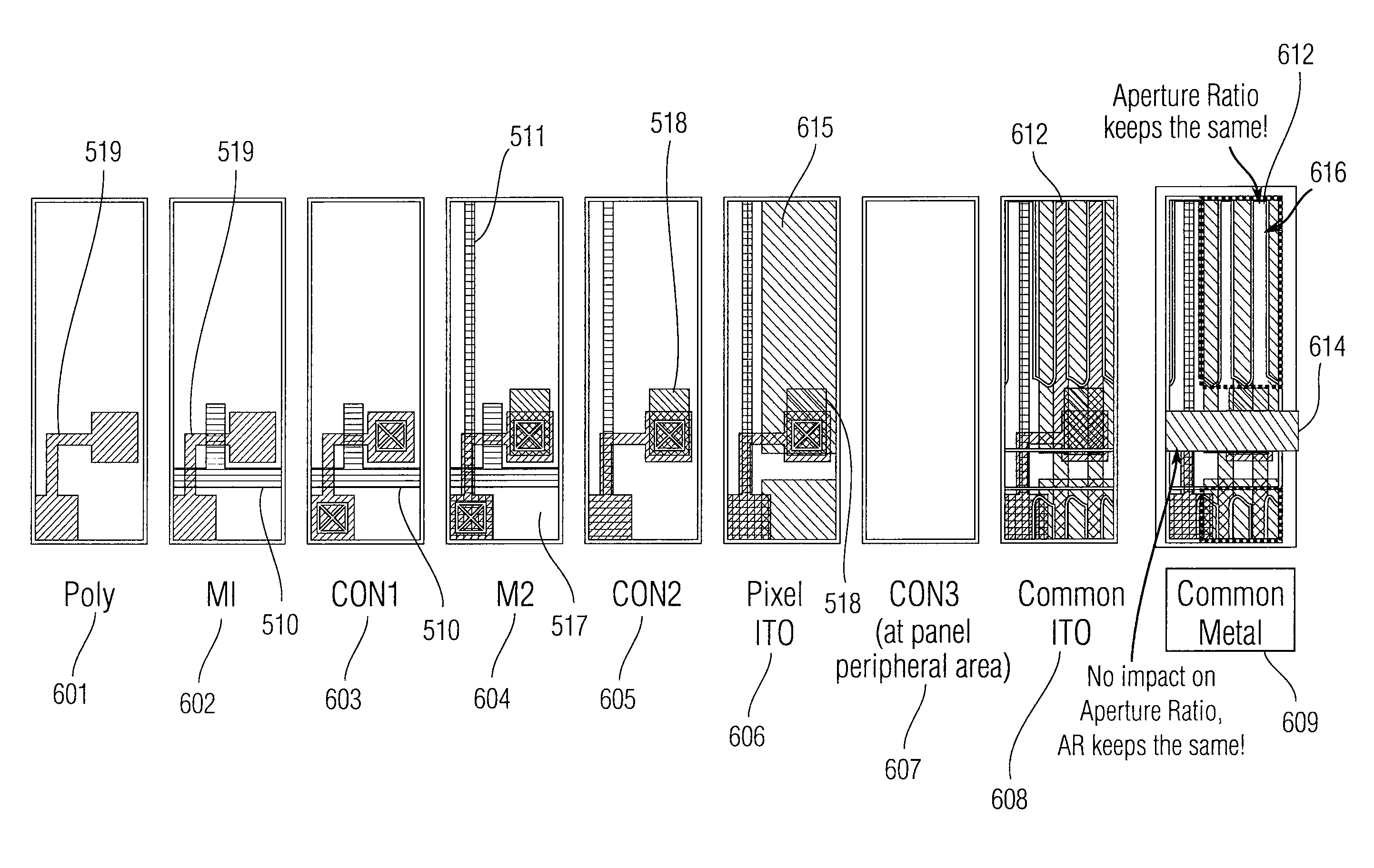 Common bus design for a TFT-LCD display