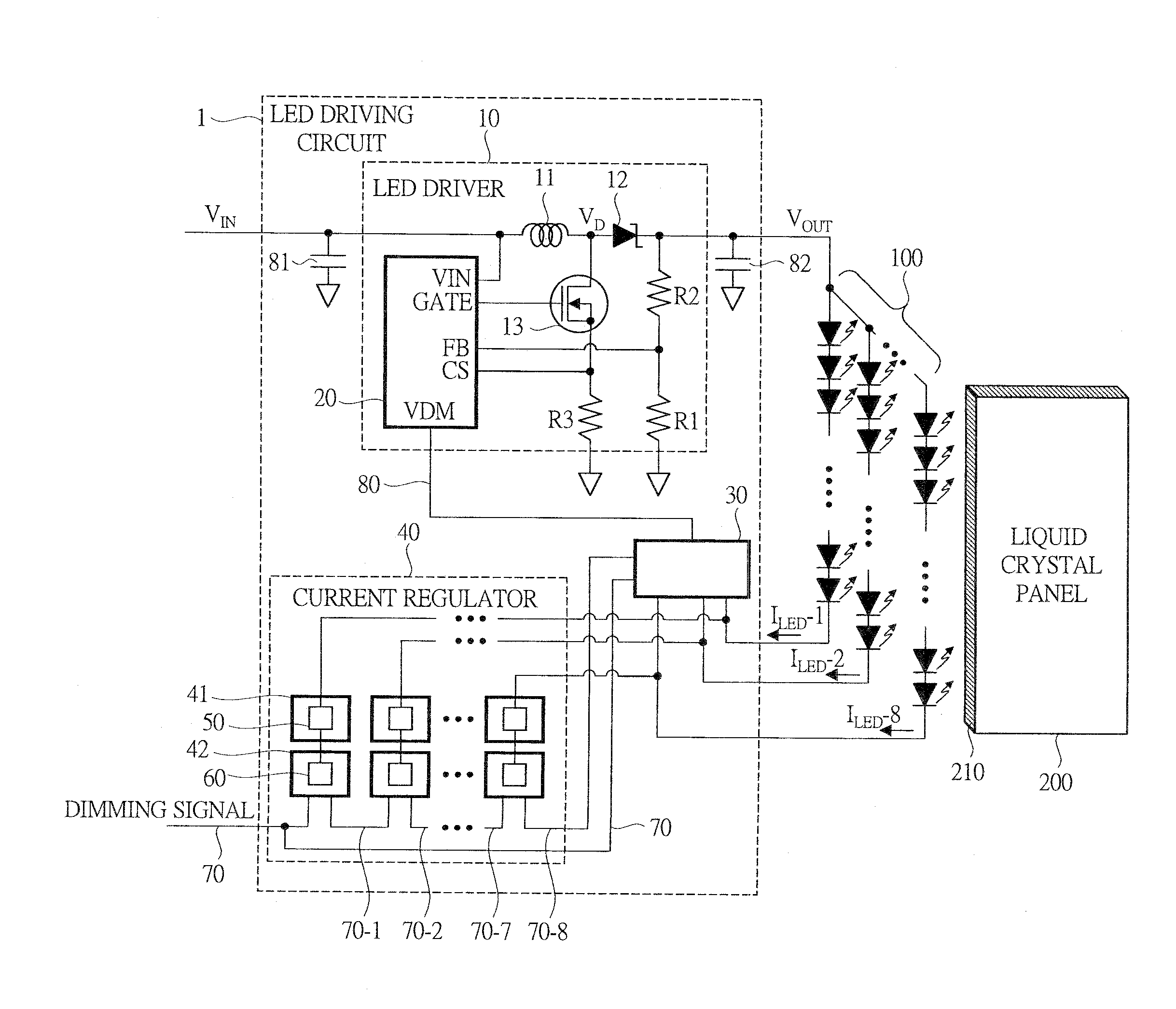 LED driving circuit, semiconductor element and image display device