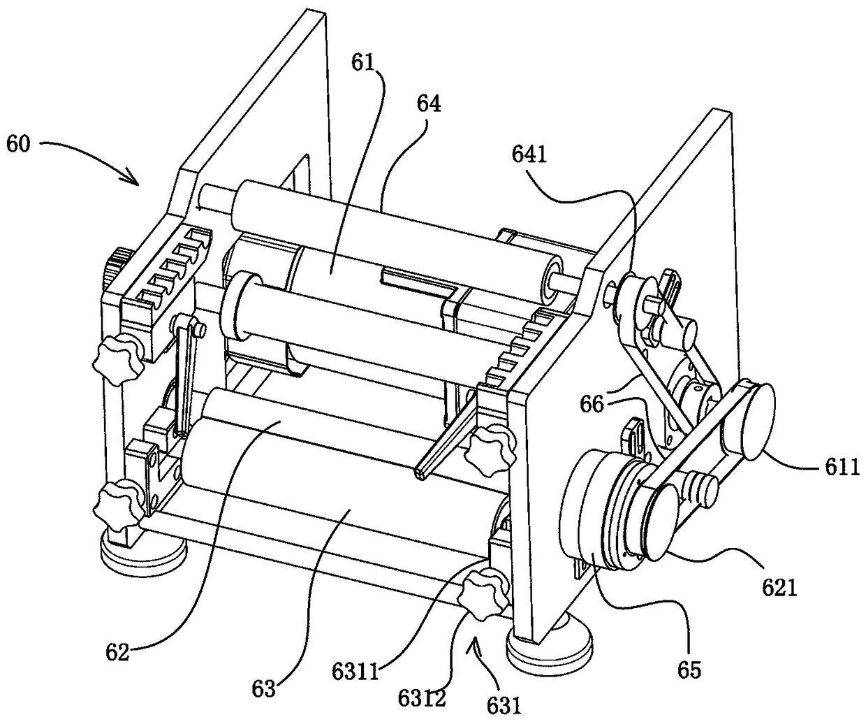 Round bottle labelling machine provided with plate pressing mechanism