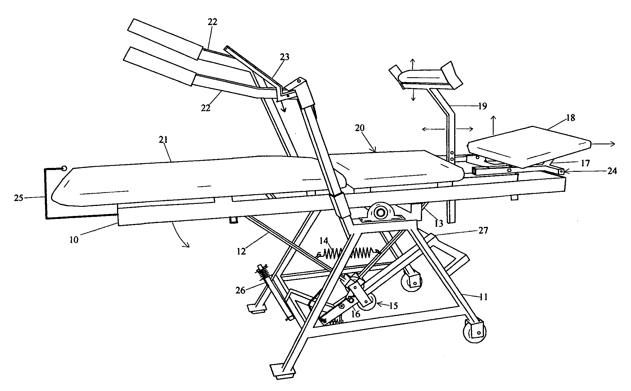 Therapeutic, tilting, split table, traction apparatus for home, office ,or workplace use, manually operated by the user / person, to relieve back pain and /or stretch, lumbar /spine / back muscles before and / or after athletic activity ,bending or lifting type work or sitting all day .Traction / distraction, may be applied, intermittently, using an on-off cycle, or continuously.