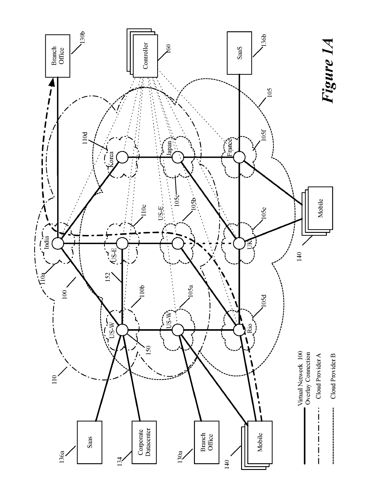 Identifying multiple nodes in a virtual network defined over a set of public clouds to connect to an external saas provider