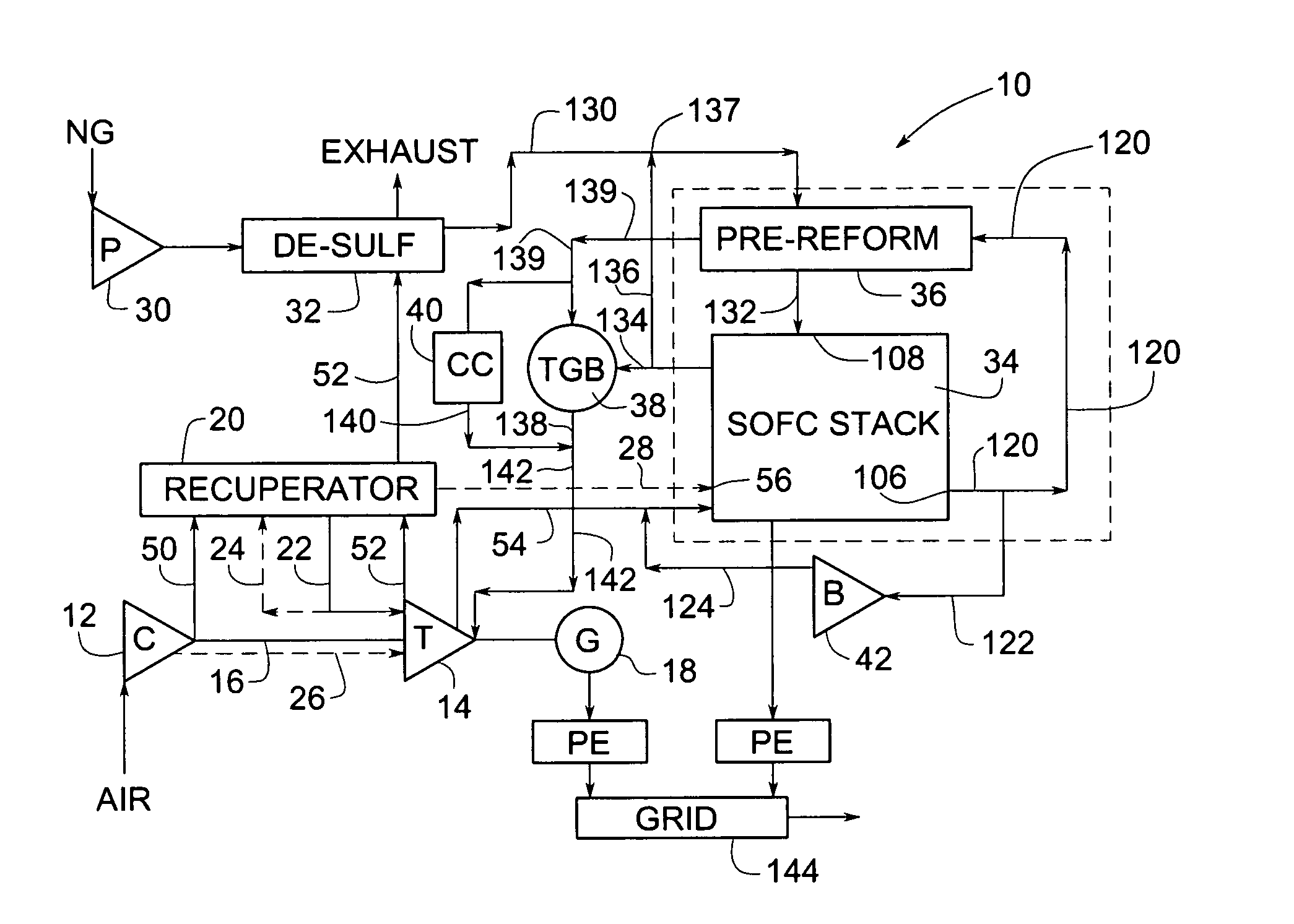 Cooled turbine integrated fuel cell hybrid power plant