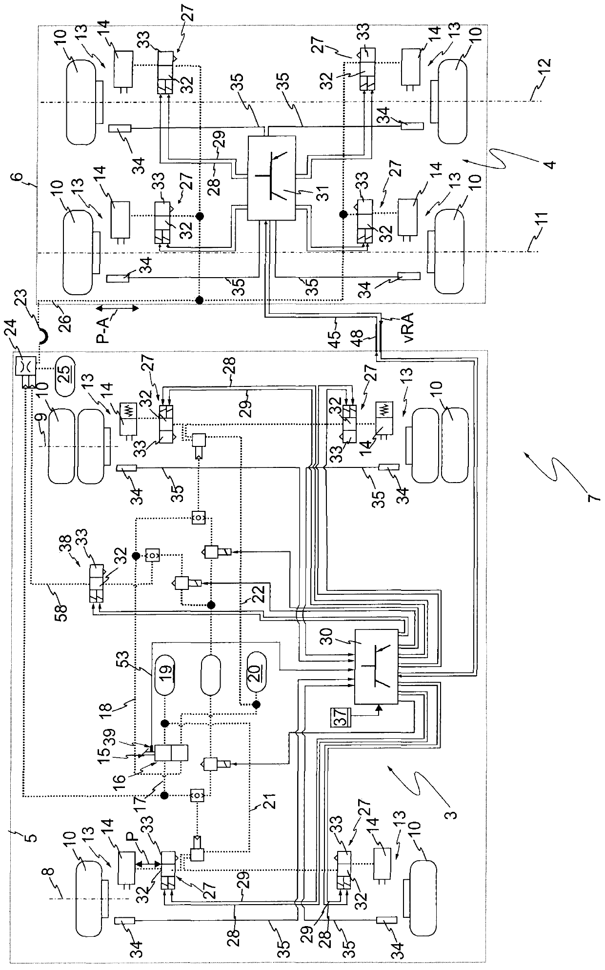 Method for decelerating a vehicle train and combination of pneumatic brake systems of the vehicles of a vehicle train