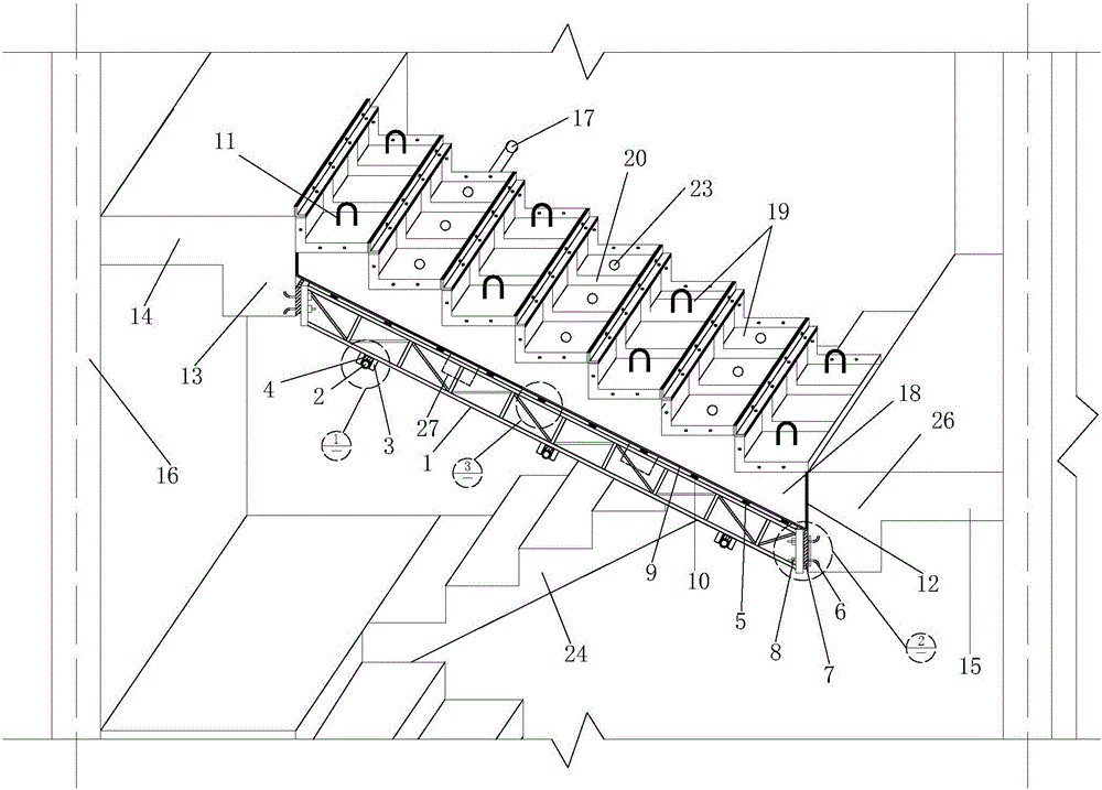 One-step continuous pouring molding structure for stairs by adopting integral aluminum template and construction method