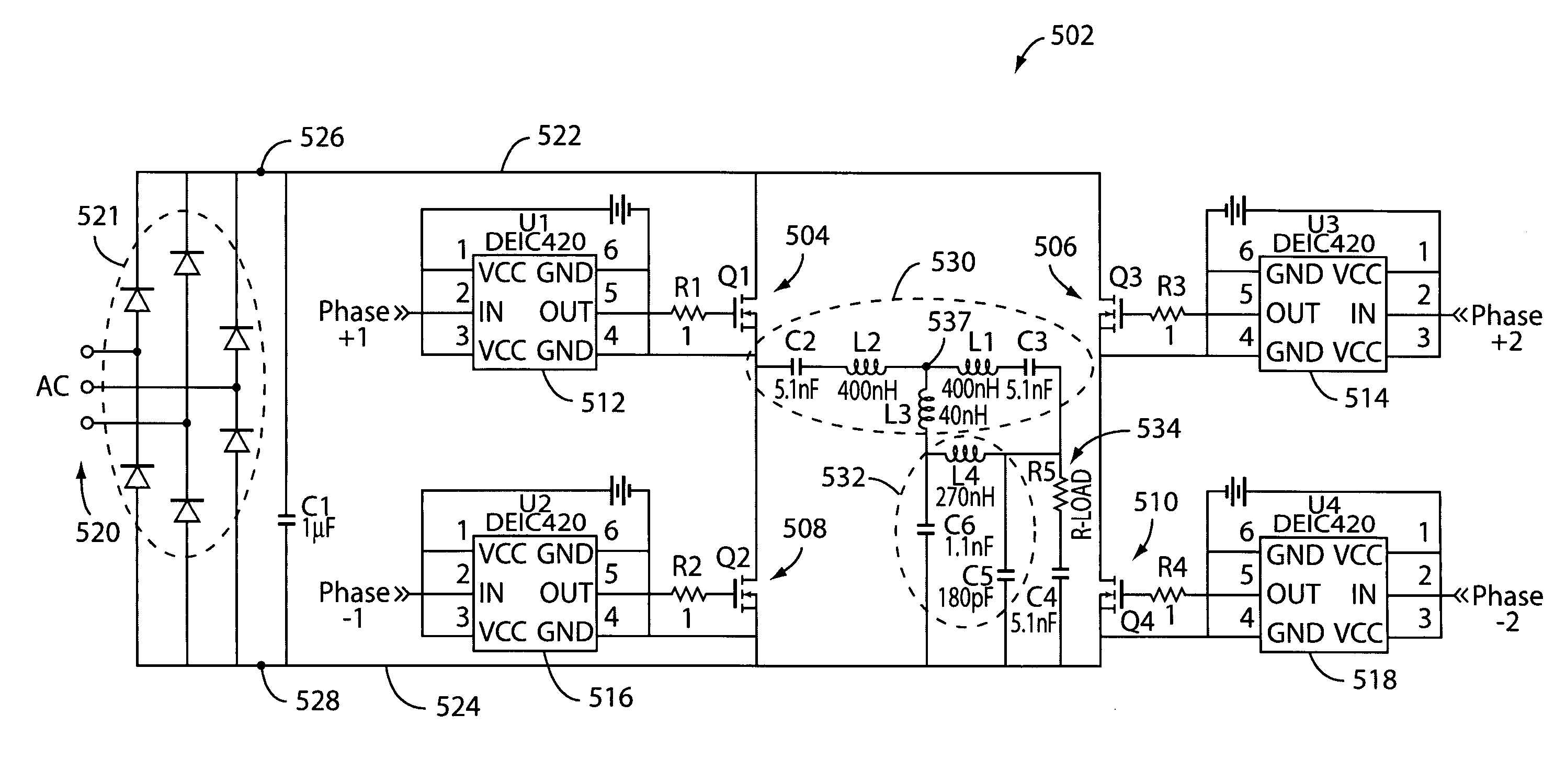 RF generator with phase controlled mosfets