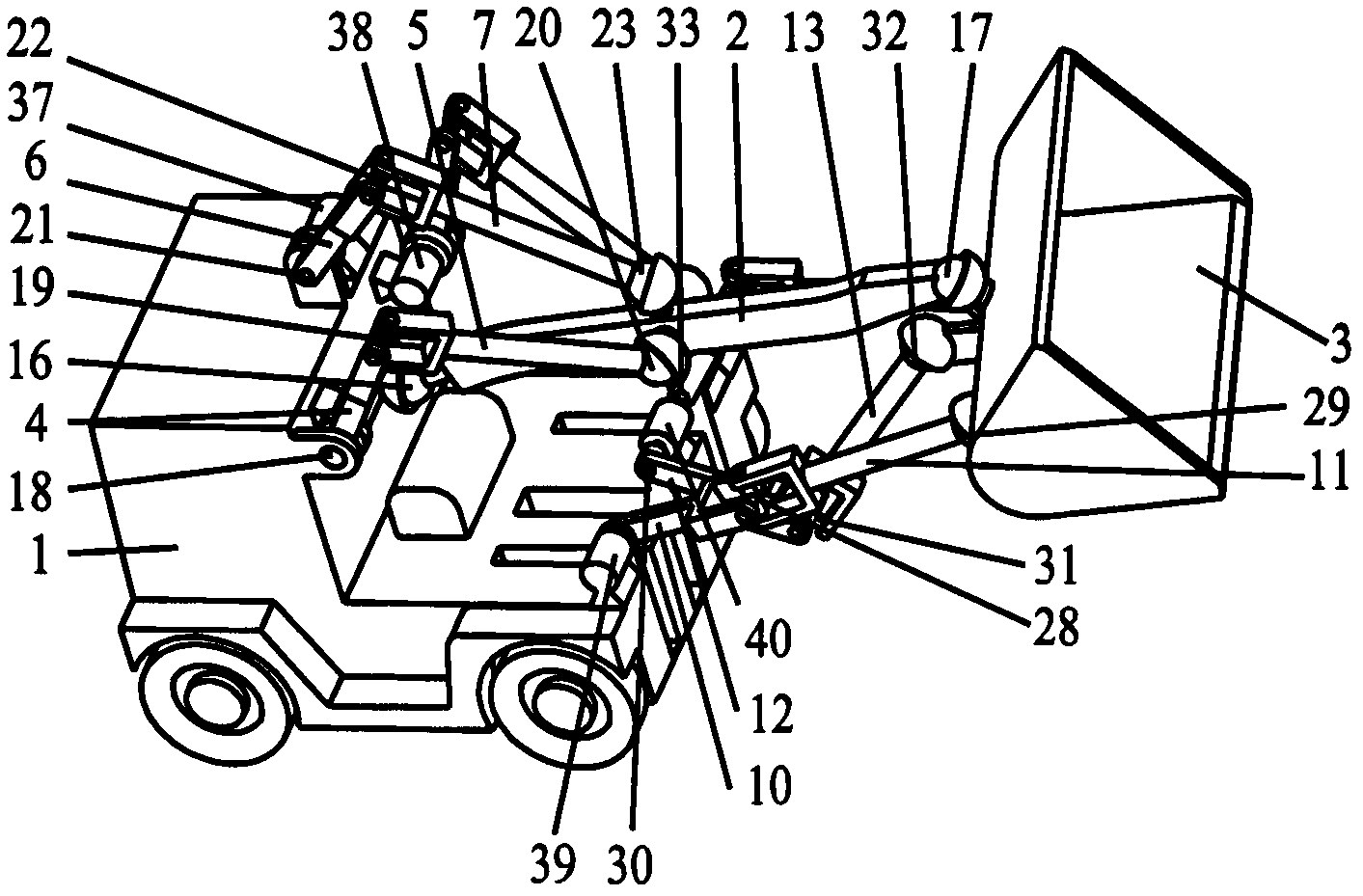 Space controllable mechanism-type loader with three-dimensional rotational moving arm and three-dimensional rotational bucket