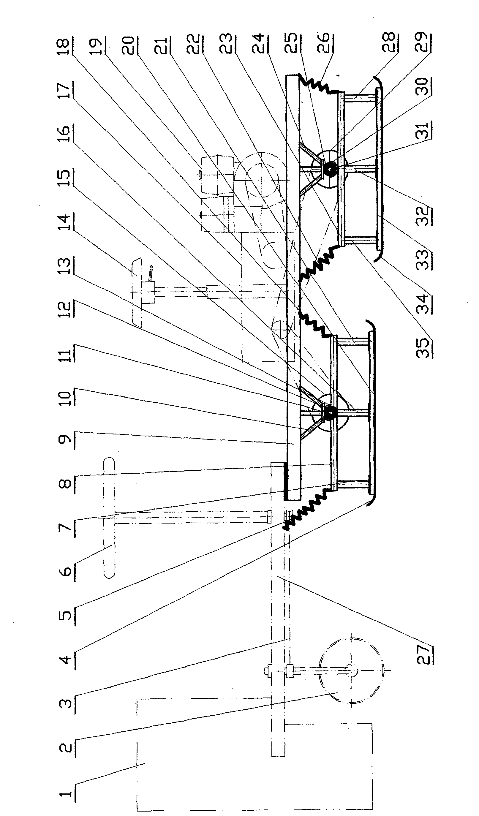 Double-footboard drawing plate type travelling method for rice harvester and travelling device