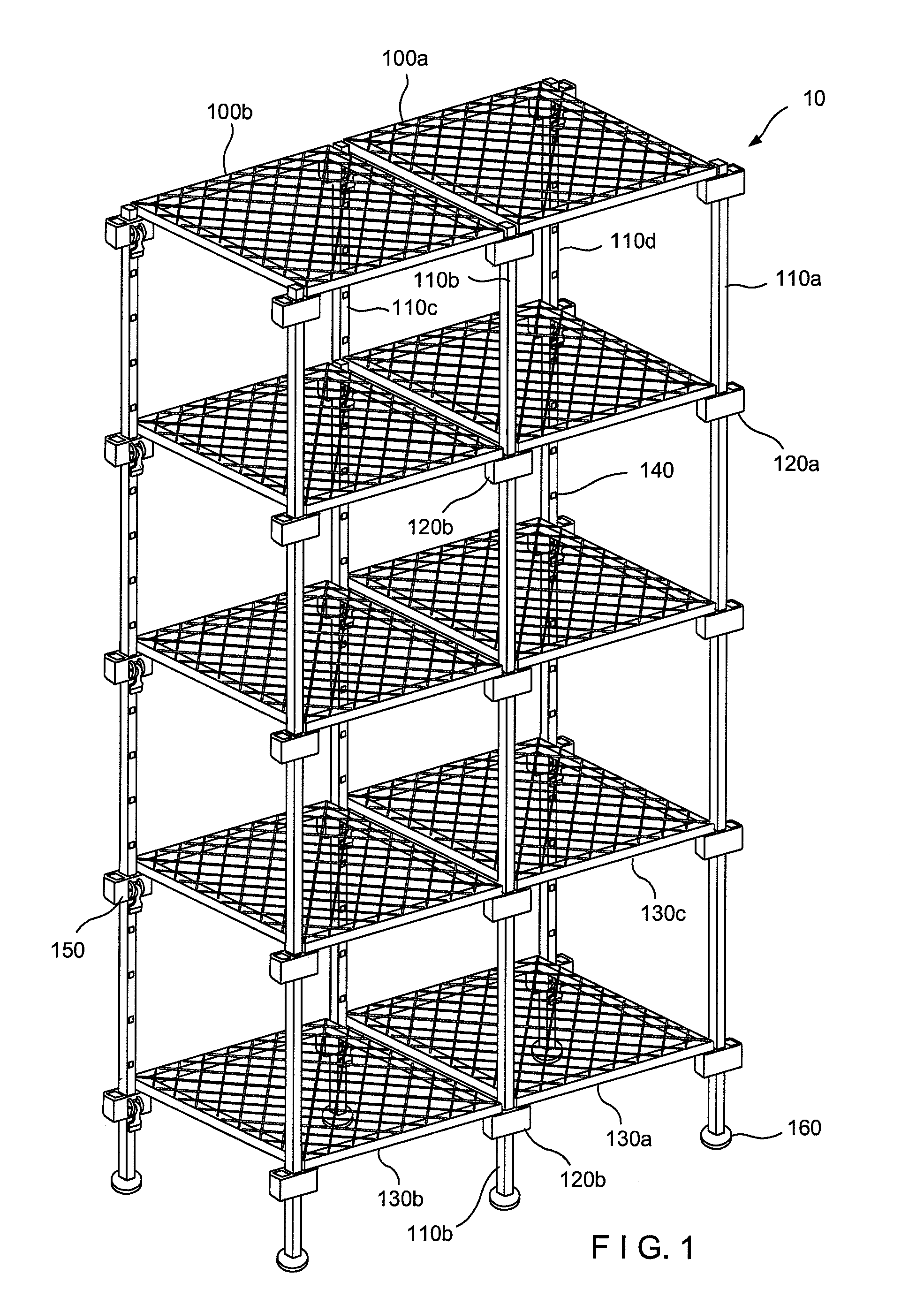 Shelf attached to post by connector with rotatable latch and method of assembly