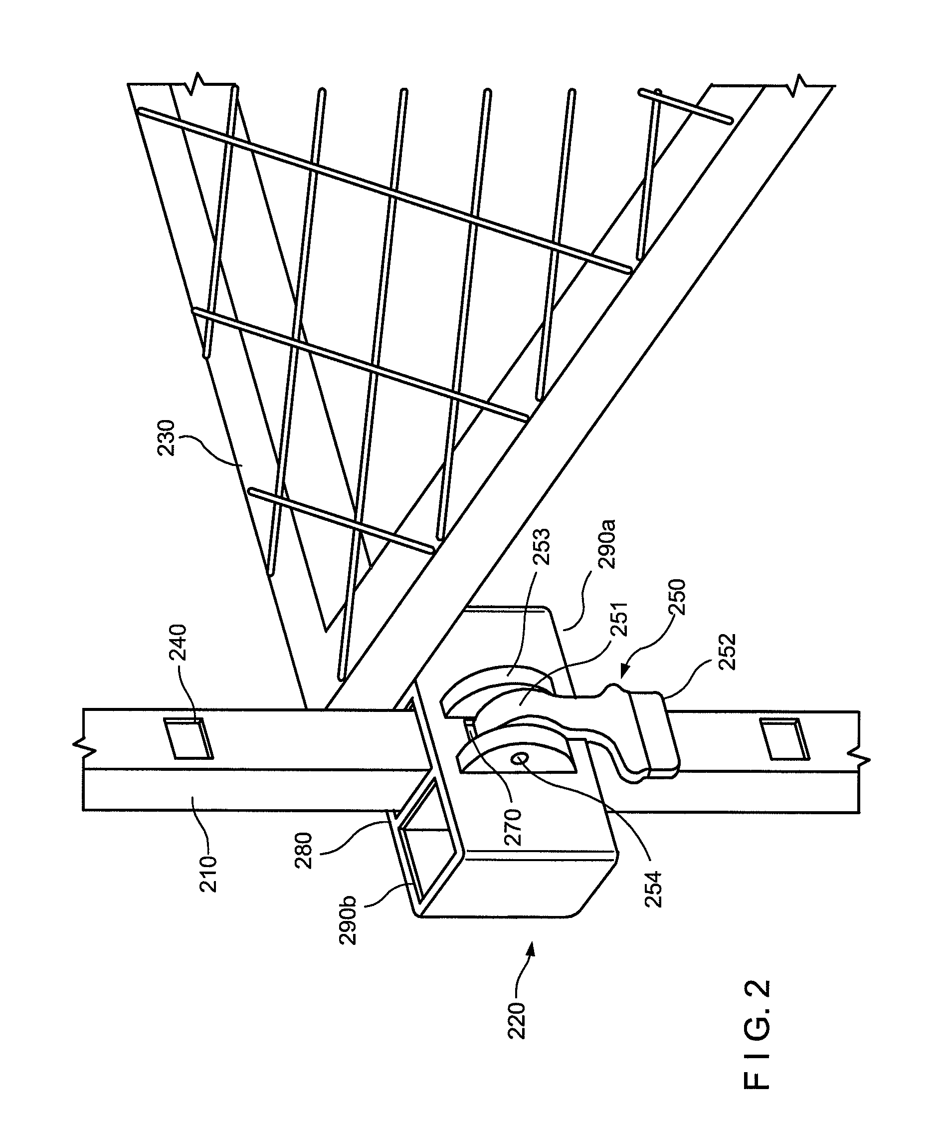 Shelf attached to post by connector with rotatable latch and method of assembly