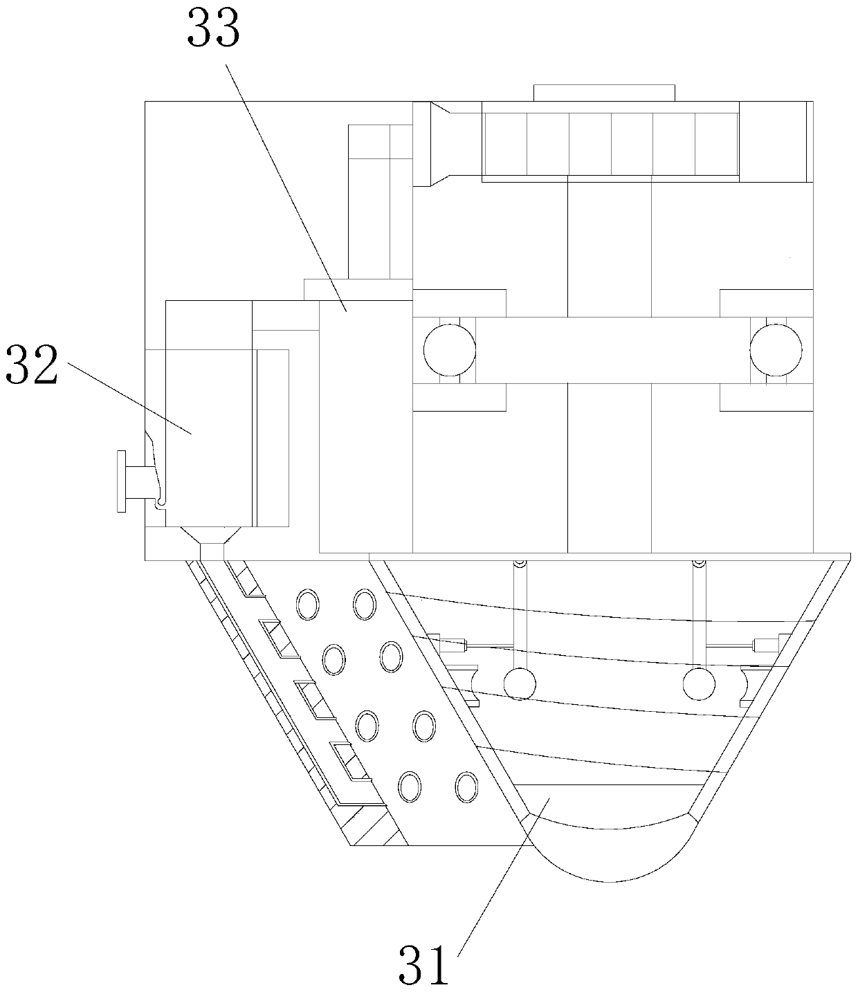 A cross-section wood molding polishing device that is pulled and adsorbed by centrifugal pressing in the form of a cone