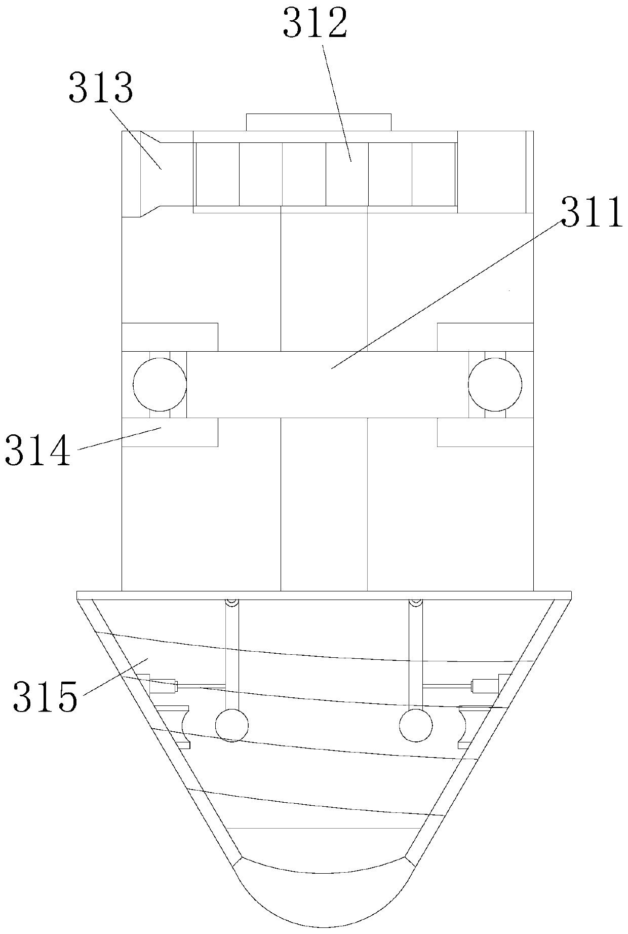 A cross-section wood molding polishing device that is pulled and adsorbed by centrifugal pressing in the form of a cone