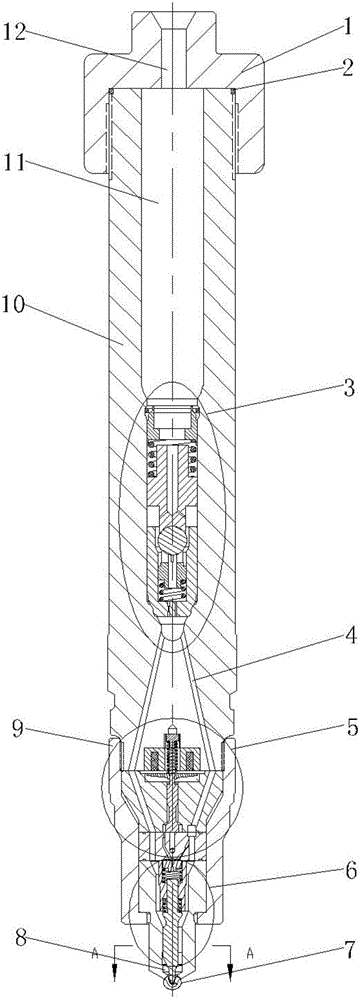 Resonance hole-plate type electronic control fuel injector with carved grooves