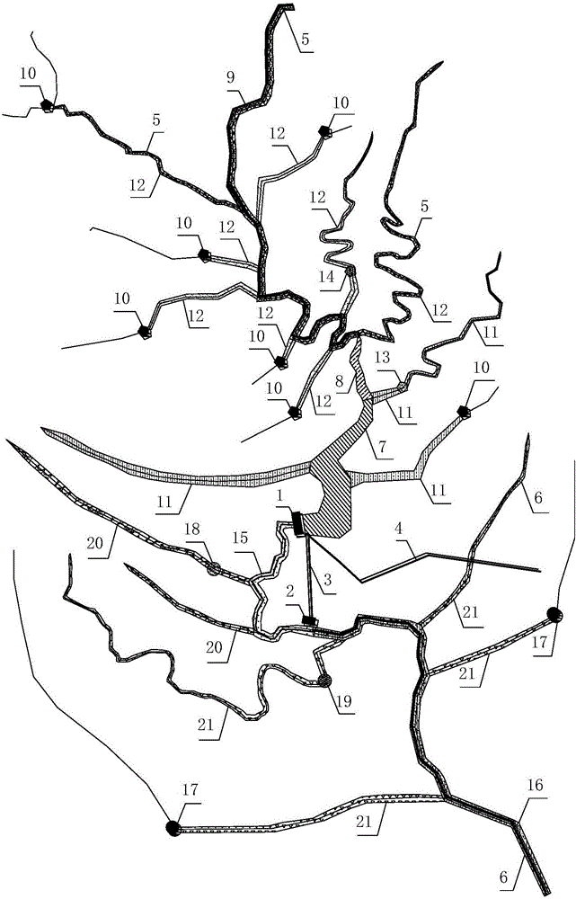 Fish habitat comprehensive protection system for upper stream, down stream, main stream and branch stream of reservoir