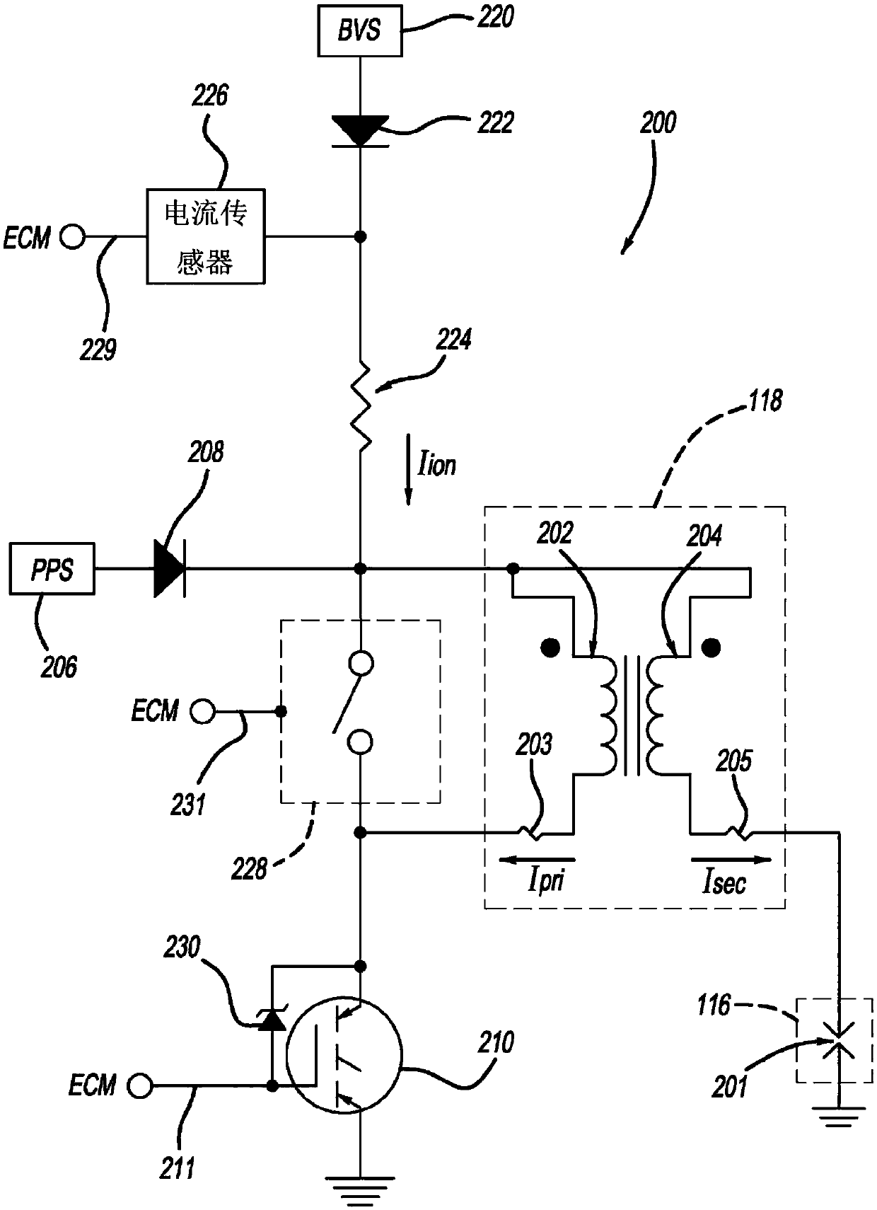 Ionization detector of a coil of a spark plug by shorting the primary inductance