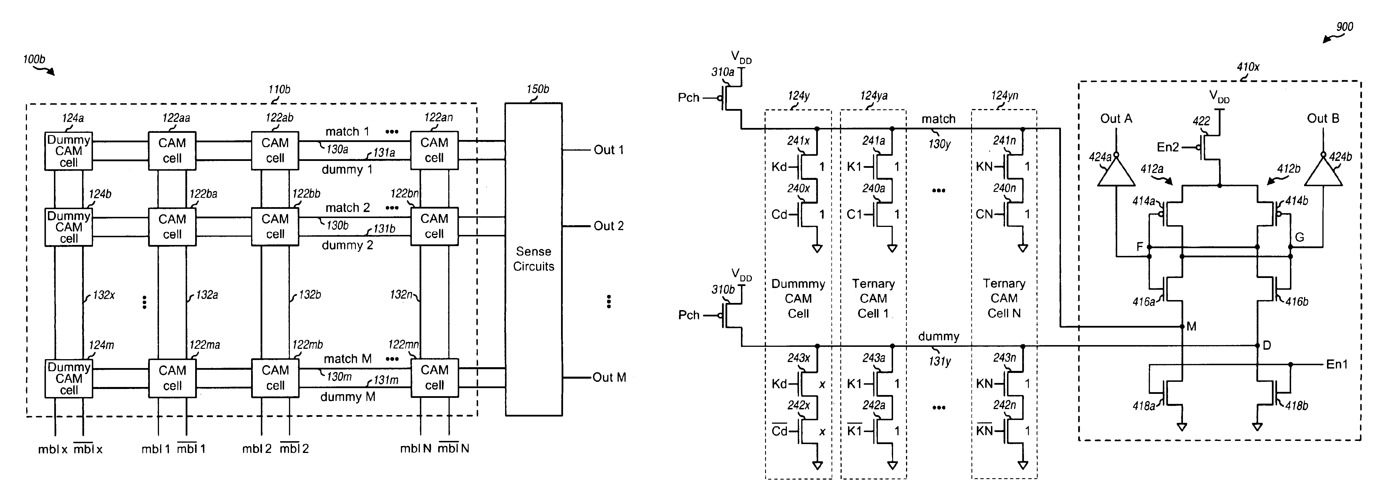 CAM cells and differential sense circuits for content addressable memory (CAM)