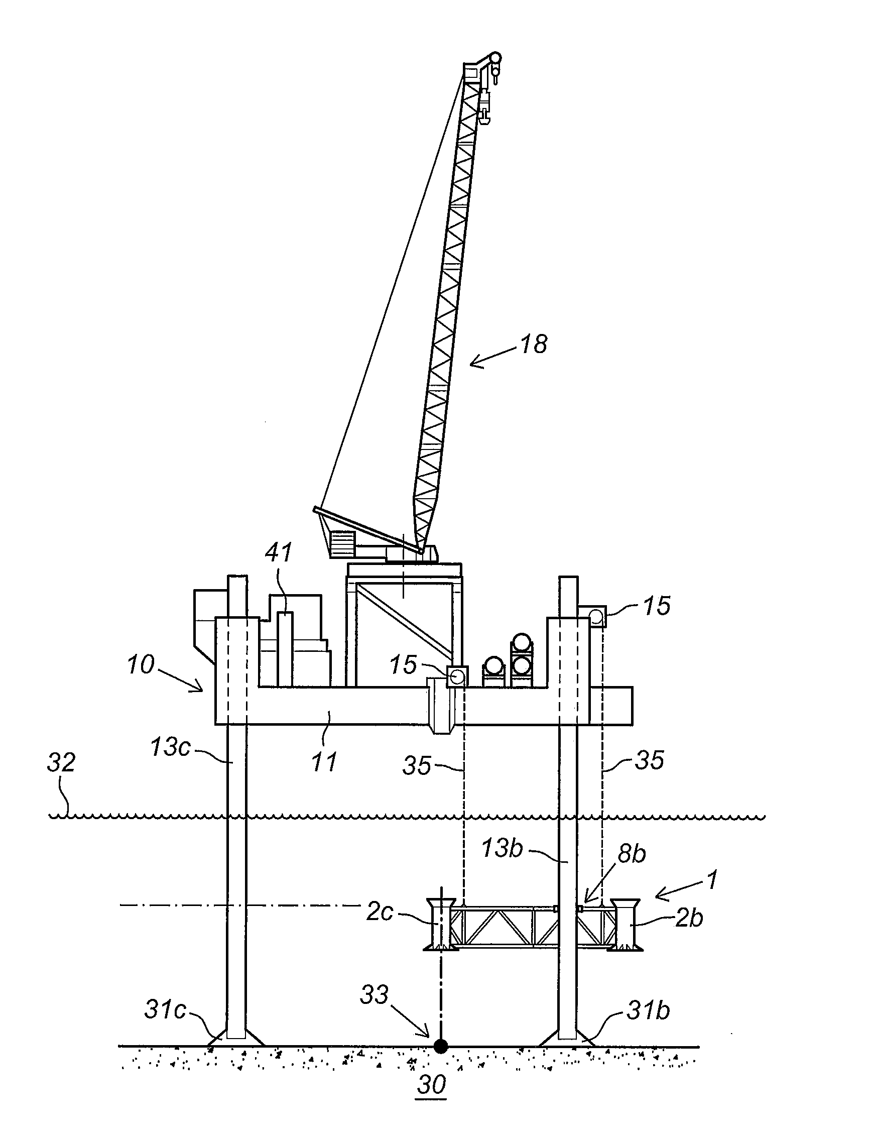 Device for manufacturing a foundation for a mass located at height, associated method and assembly of the device and a jack-up platform