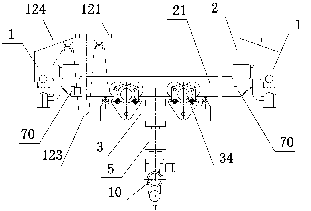 Bridge type cantilever crane with hanging trolley and movable vehicle stops